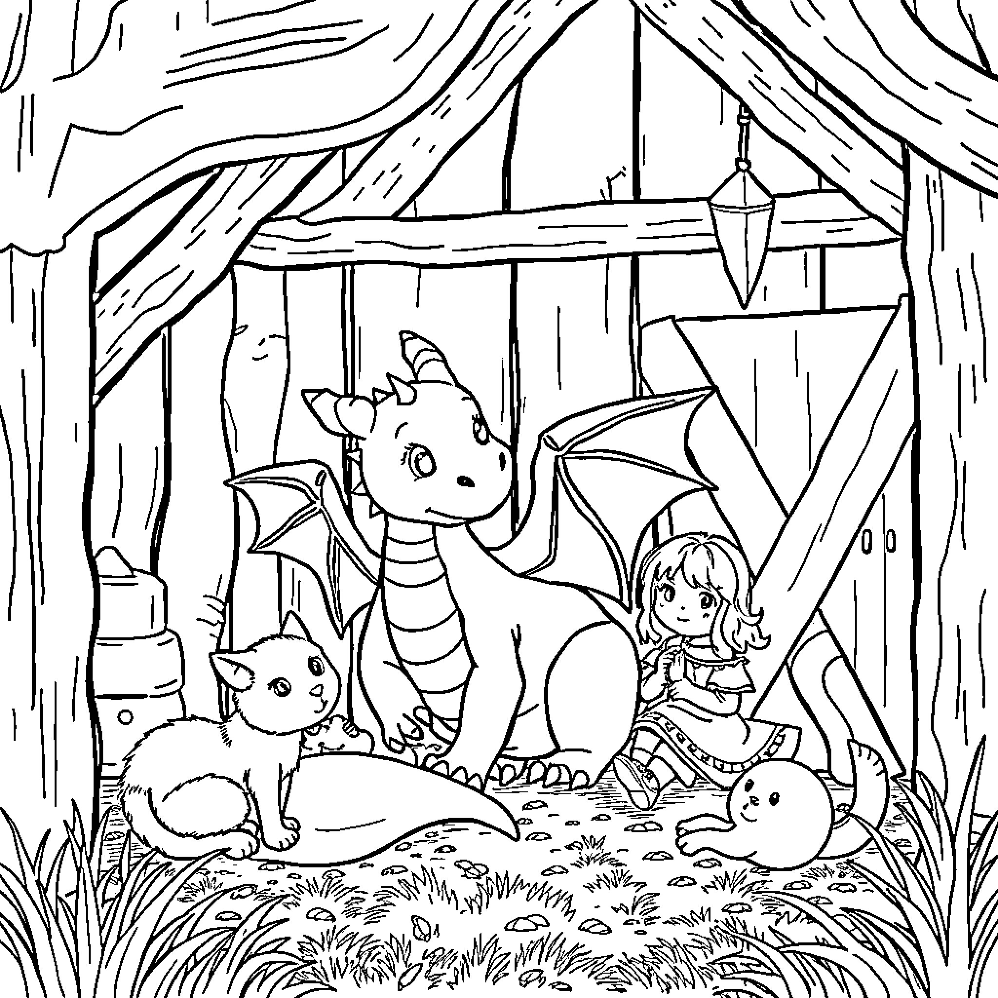 Dragon friends enjoying a cozy forest scene Coloring Page (free black-and-white line drawing printable PDF for all, from beginners to advanced learners, including children, teens, adults, and seniors)