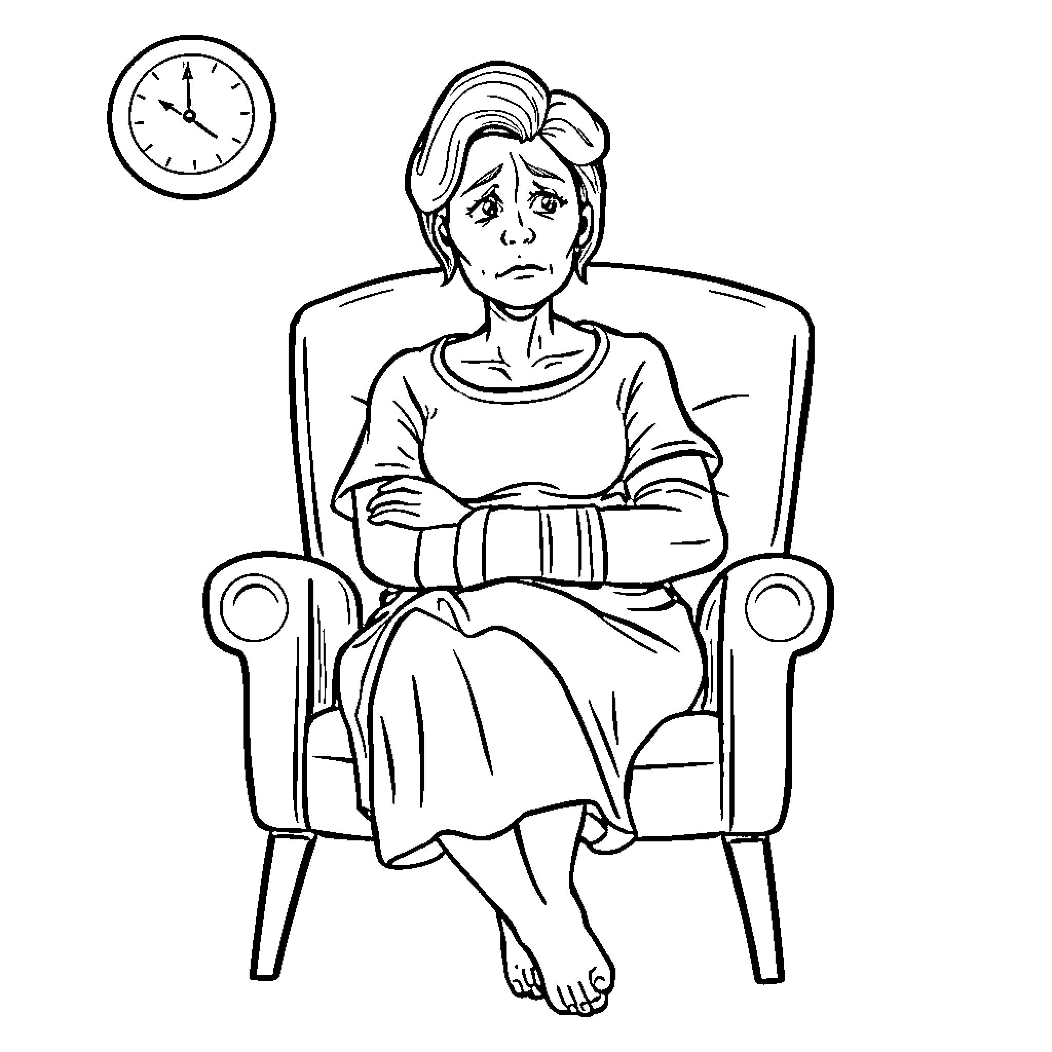 Wife waiting anxiously in armchair Coloring Page (free black-and-white line drawing printable PDF for all, from beginners to advanced learners, including children, teens, adults, and seniors)