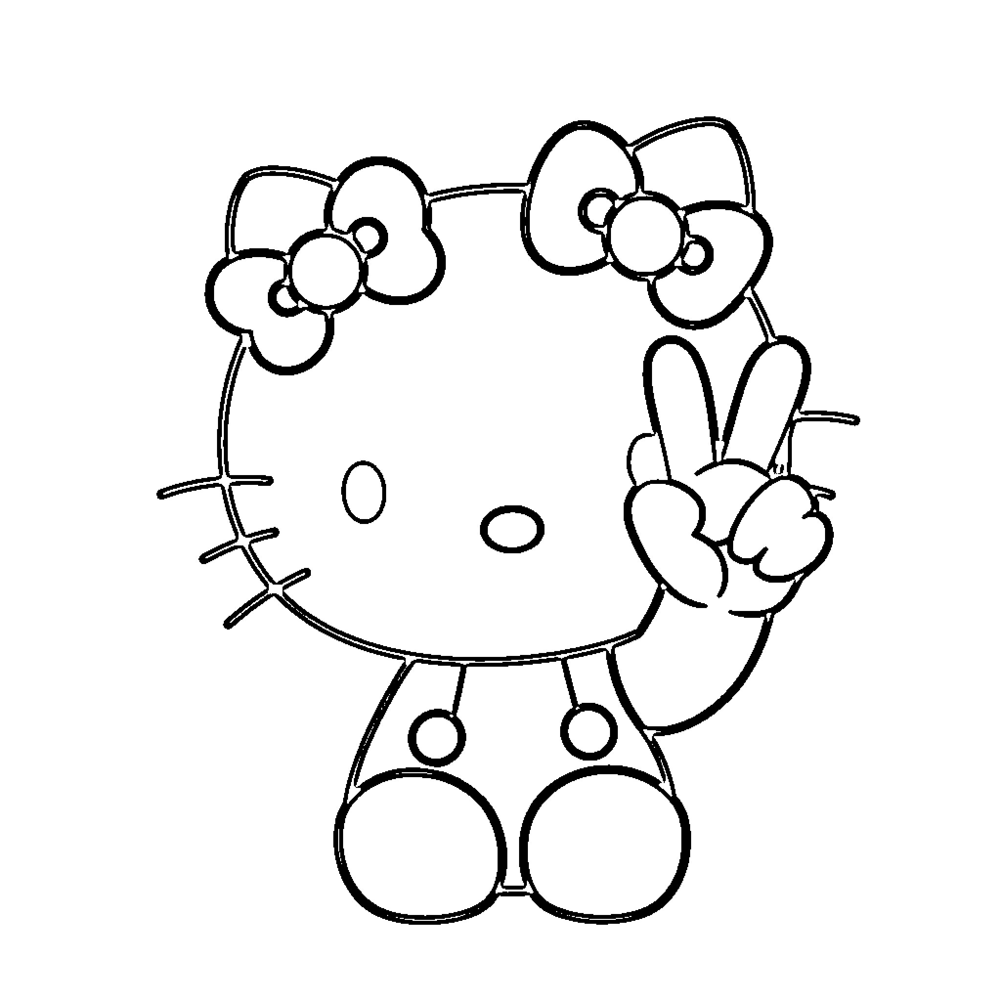 Hello Kitty waving and making a peace sign Coloring Page (free black-and-white line drawing printable PDF for all, from beginners to advanced learners, including children, teens, adults, and seniors)