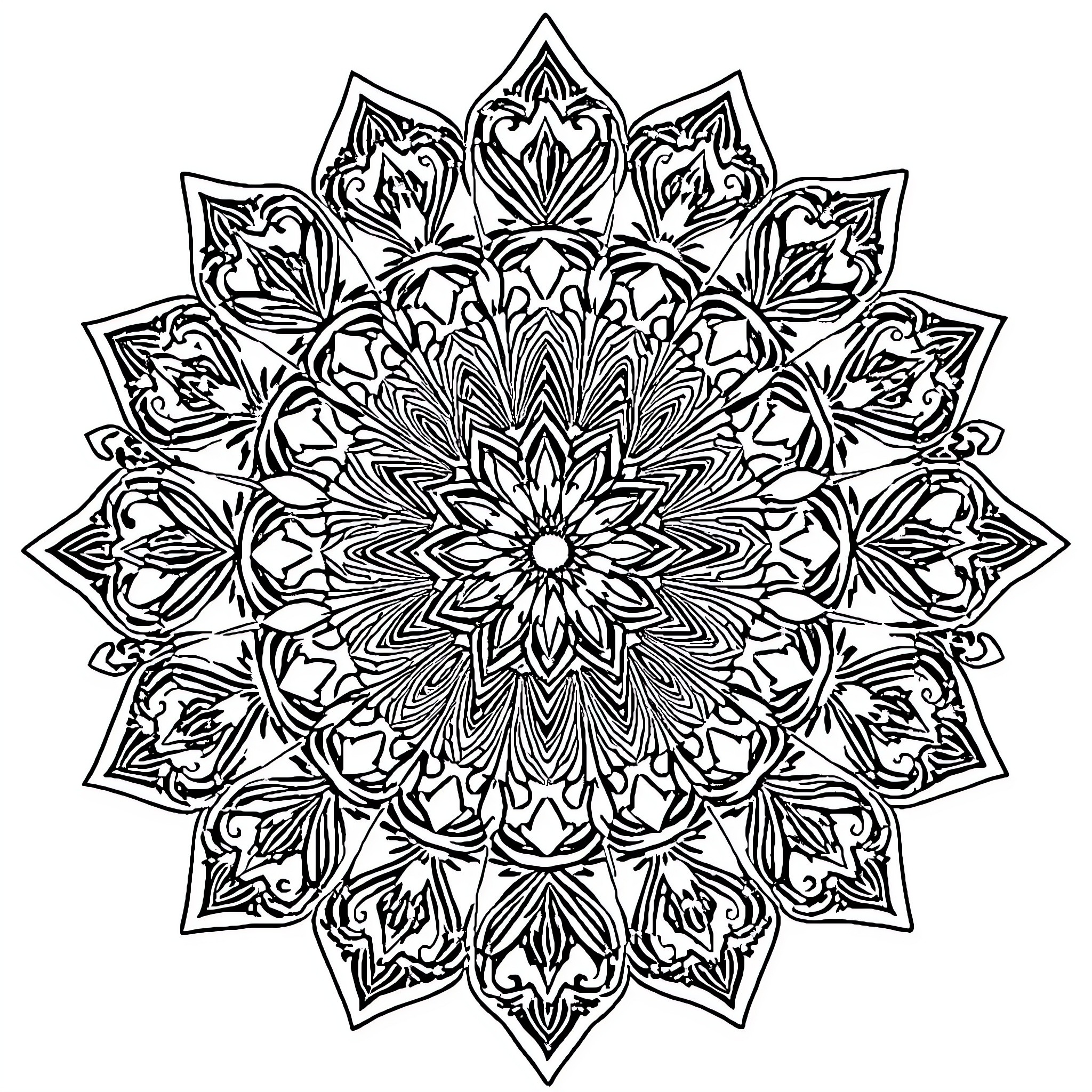 Mandala of intricate floral patterns Coloring Page (free black-and-white line drawing printable PDF for all, from beginners to advanced learners, including children, teens, adults, and seniors)