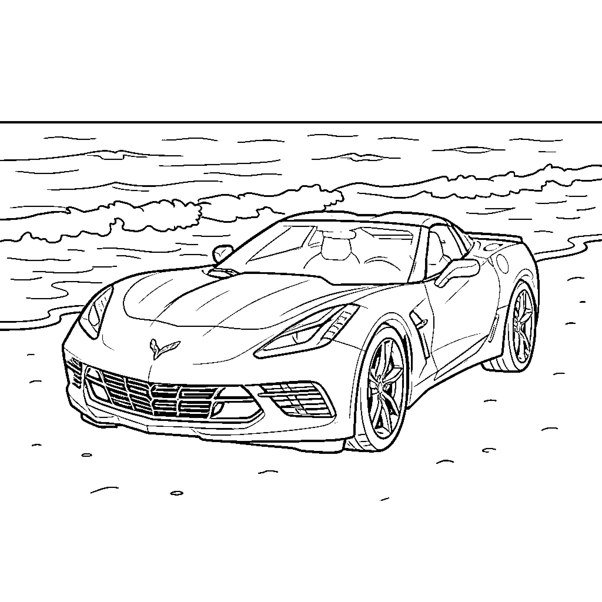Chevrolet Corvette driving on scenic road Coloring Page (free black-and-white line drawing printable PDF for all, from beginners to advanced learners, including children, teens, adults, and seniors)