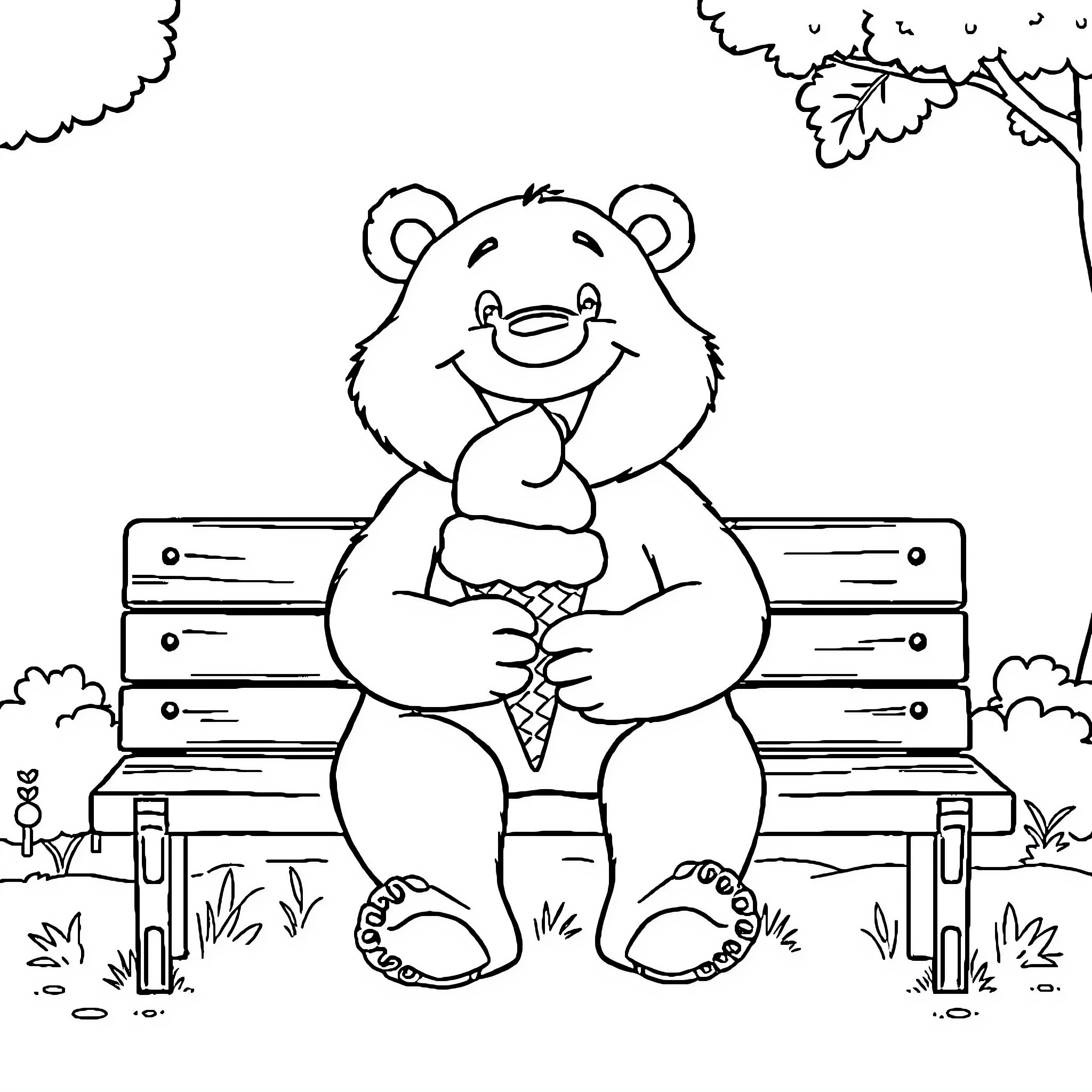 Bear enjoying ice cream on a park bench Coloring Page (free black-and-white line drawing printable PDF for all, from beginners to advanced learners, including children, teens, adults, and seniors)