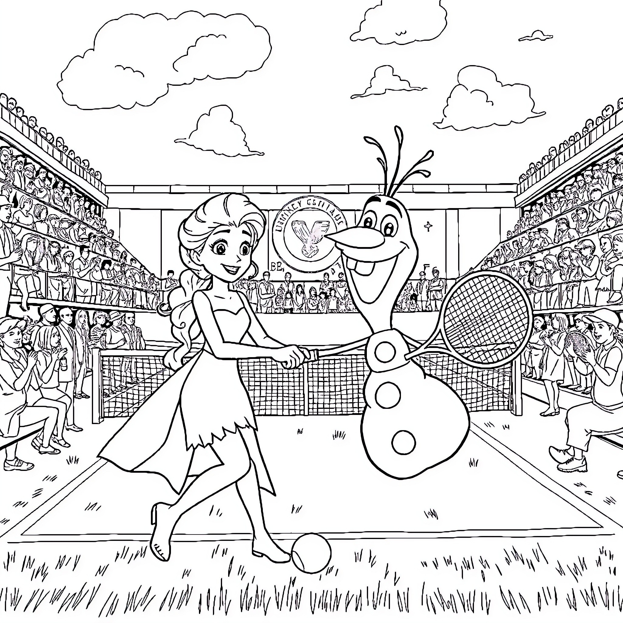 Elsa and Olaf playing tennis on the court Coloring Page (free black-and-white line drawing printable PDF for all, from beginners to advanced learners, including children, teens, adults, and seniors)