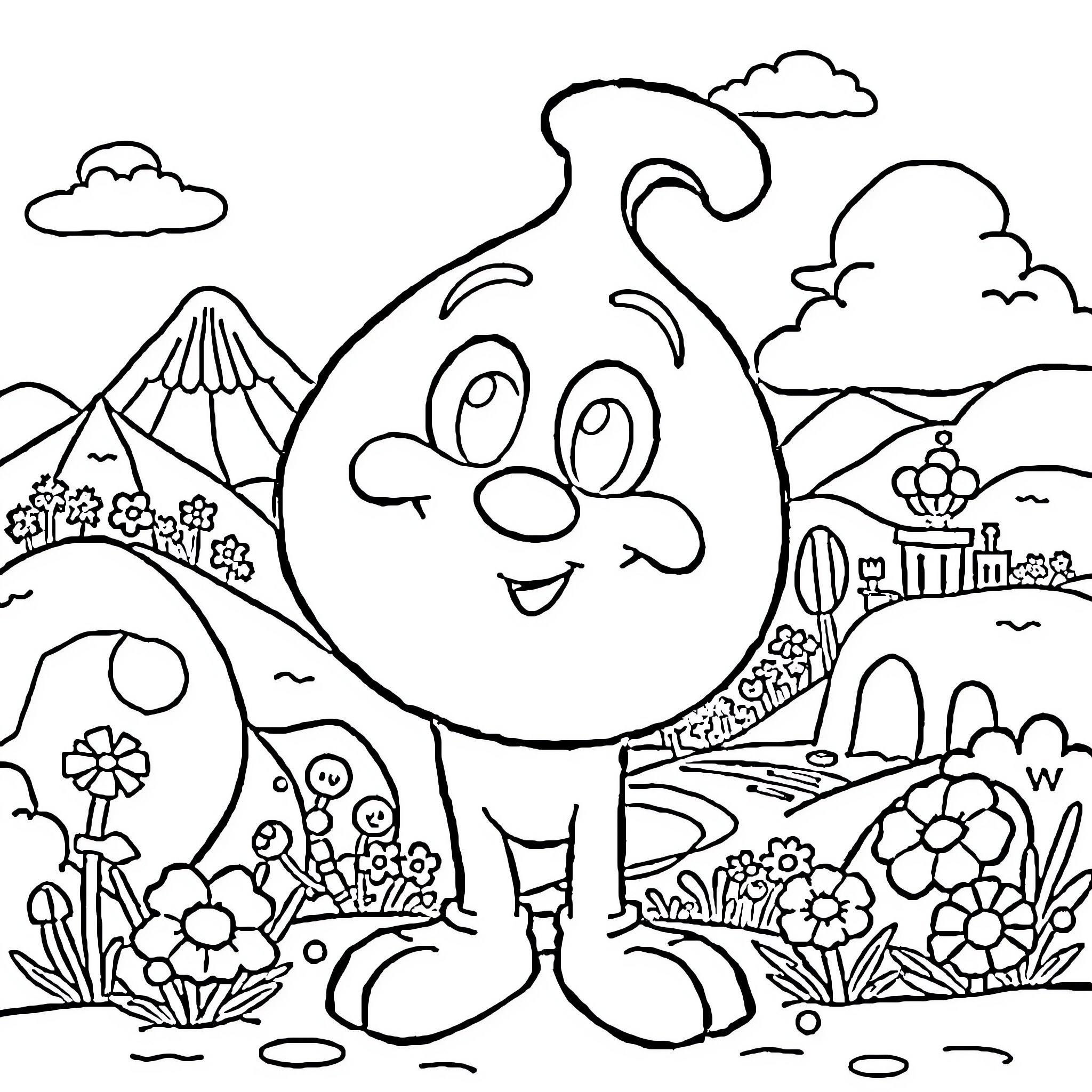 Goob's Playful Adventure in a Whimsical Landscape Coloring Page (free black-and-white line drawing printable PDF for all, from beginners to advanced learners, including children, teens, adults, and seniors)