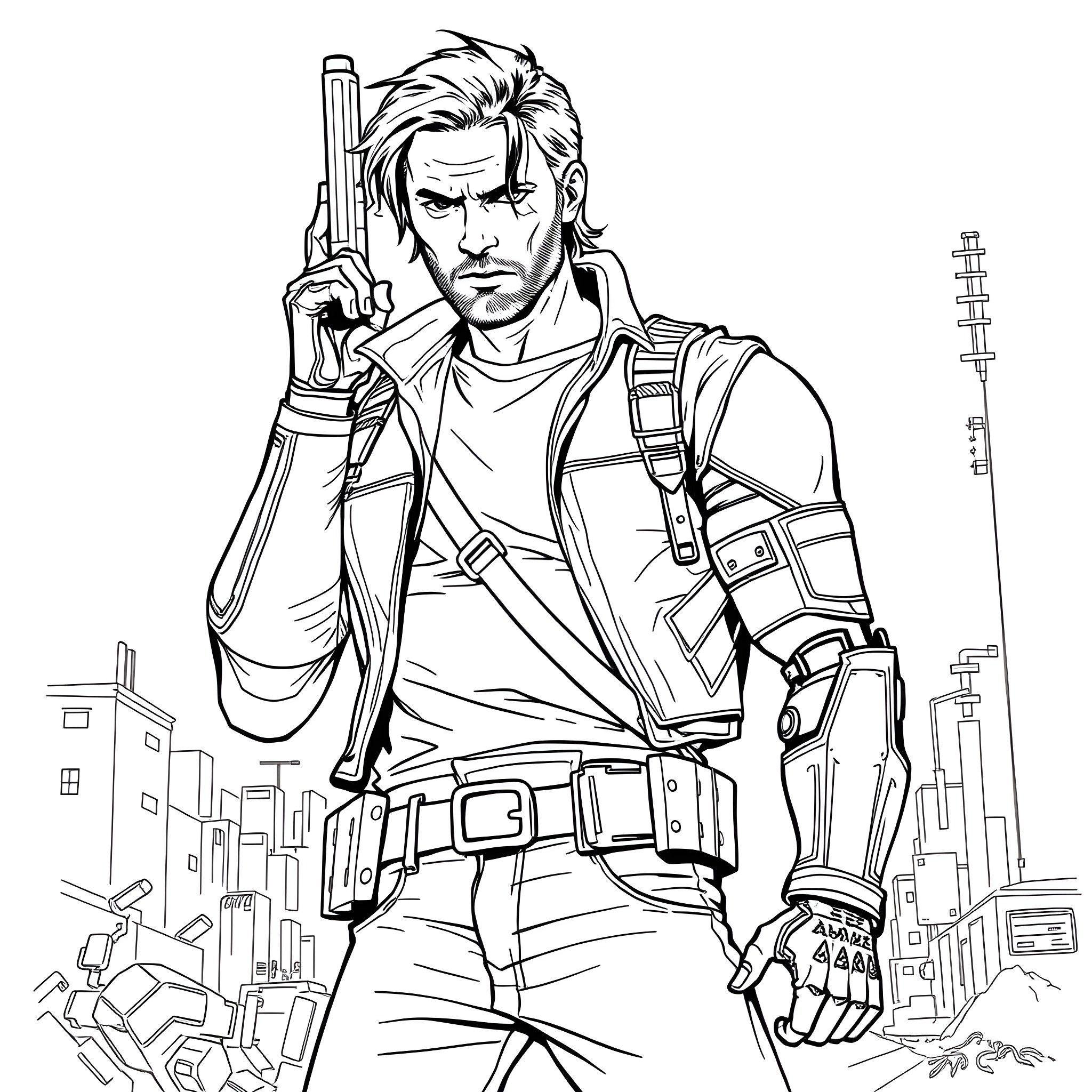 Bucky Barnes in action, armed and ready Coloring Page (free black-and-white line drawing printable PDF for all, from beginners to advanced learners, including children, teens, adults, and seniors)