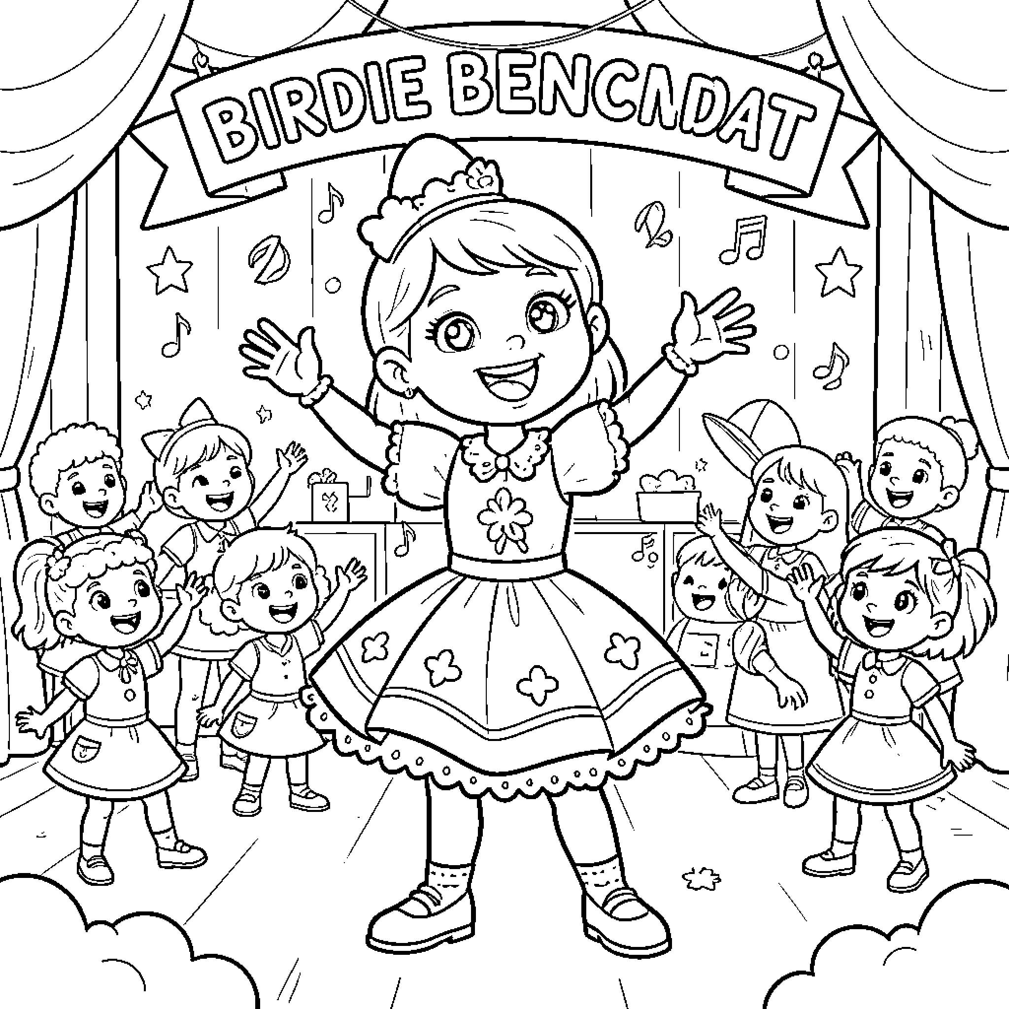Birdie's Fancy Stage Performance with Cheerful Crowd Coloring Page (free black-and-white line drawing printable PDF for all, from beginners to advanced learners, including children, teens, adults, and seniors)
