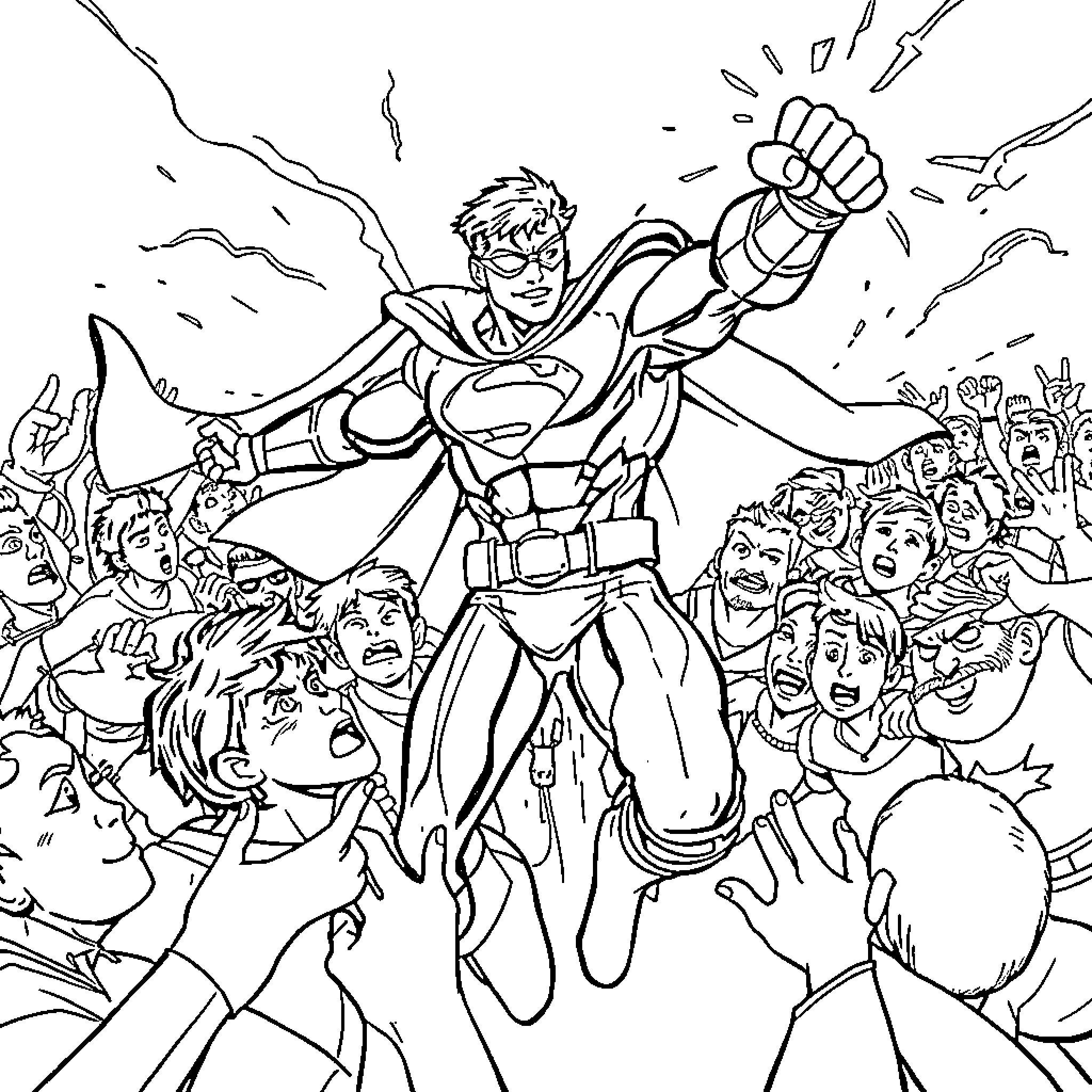 Hero Saving the Day in Action-Packed Illustration Coloring Page (free black-and-white line drawing printable PDF for all, from beginners to advanced learners, including children, teens, adults, and seniors)