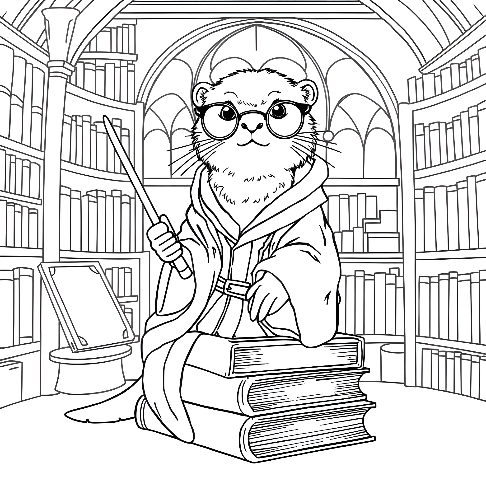 Otter studying in a cozy library Coloring Page (free black-and-white line drawing printable PDF for all, from beginners to advanced learners, including children, teens, adults, and seniors)