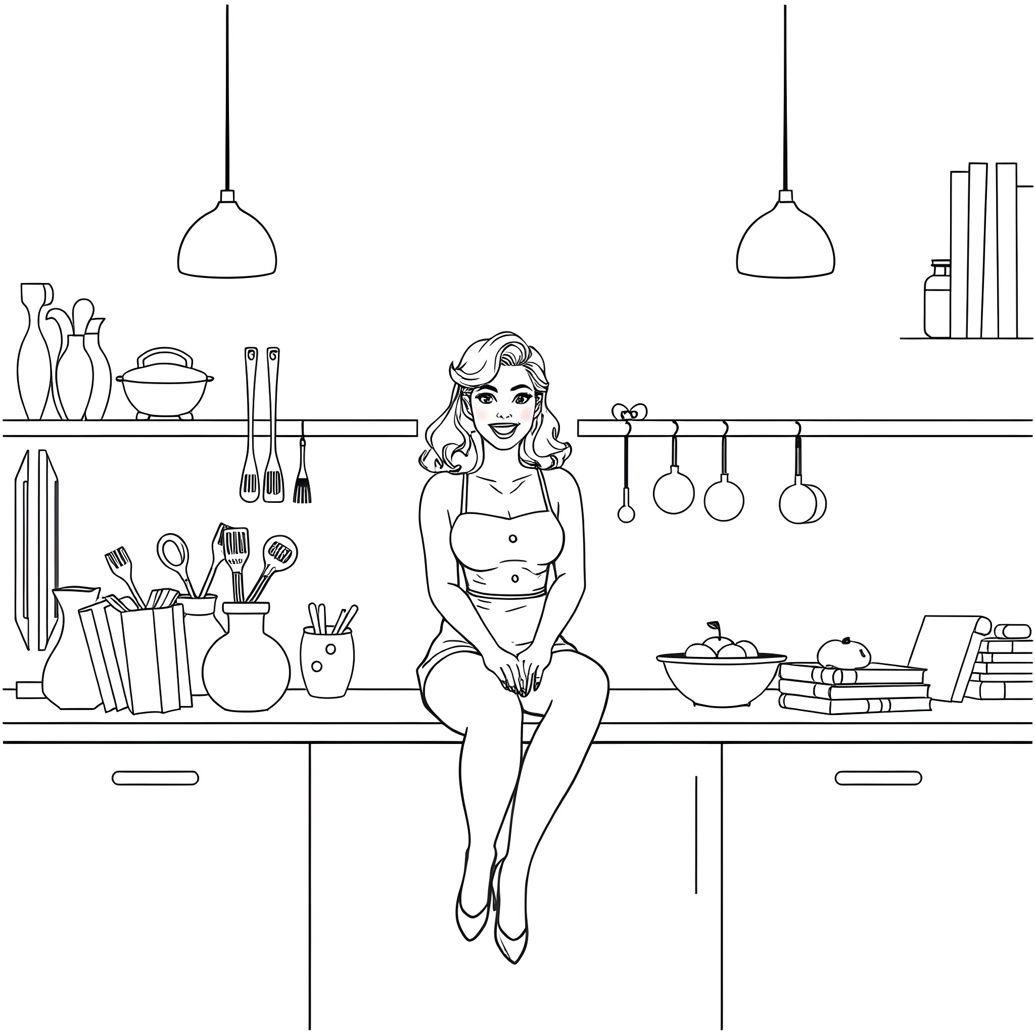 Girl sits in kitchen surrounded by cooking utensils Coloring Page (free black-and-white line drawing printable PDF for all, from beginners to advanced learners, including children, teens, adults, and seniors)