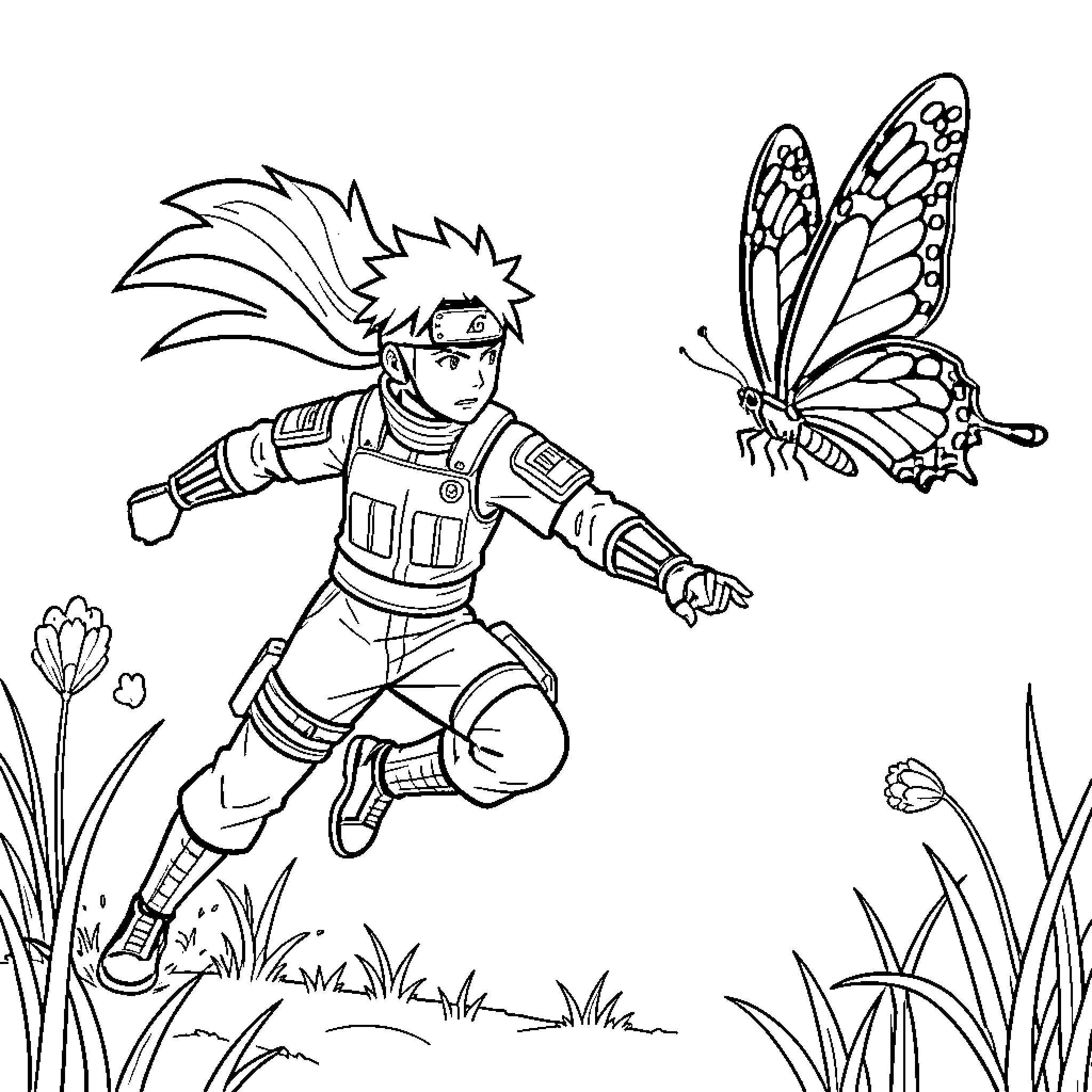 Kakashi running through a field chasing a butterfly Coloring Page (free black-and-white line drawing printable PDF for all, from beginners to advanced learners, including children, teens, adults, and seniors)