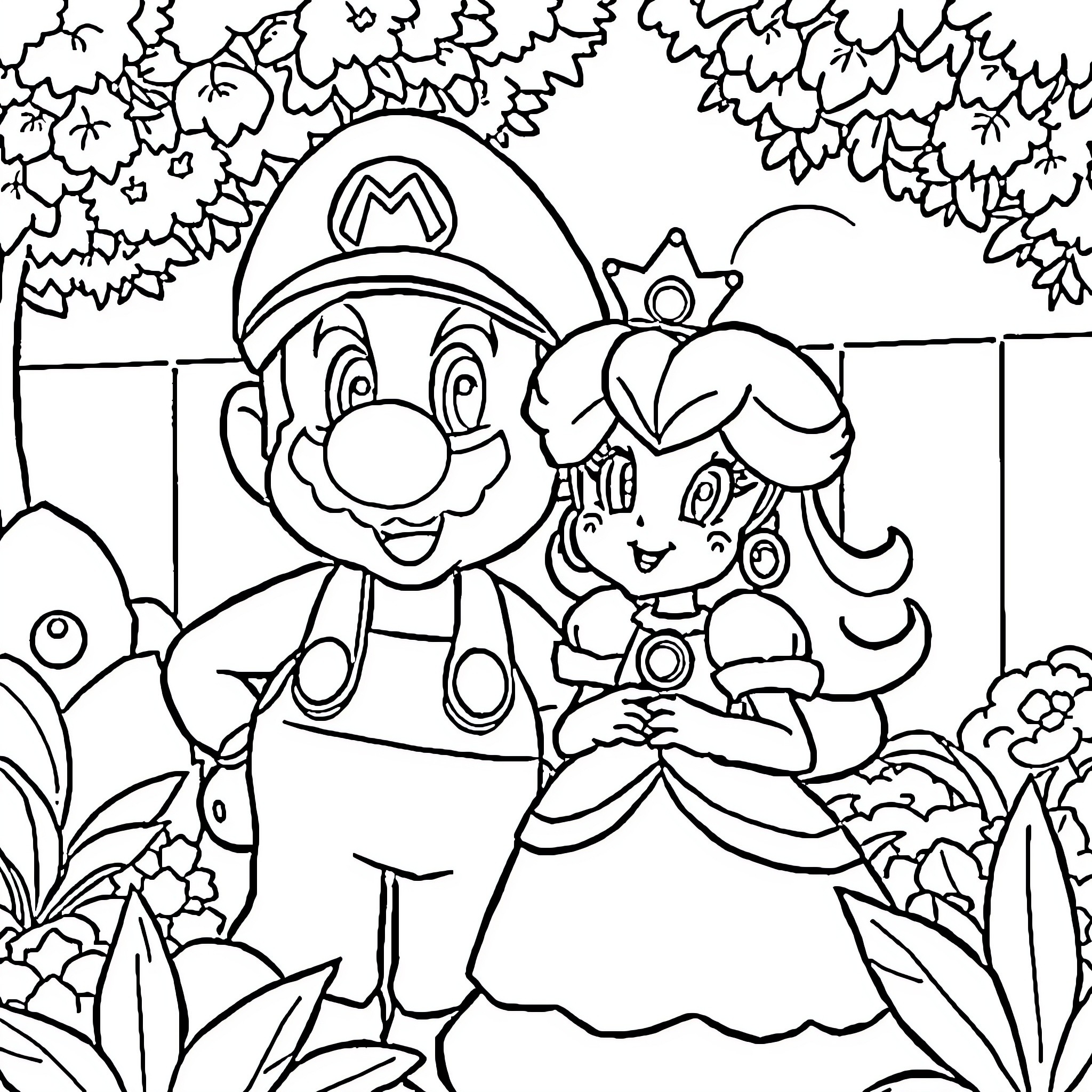 Super Mario and Princess in a Whimsical Woodland Scene Coloring Page (free black-and-white line drawing printable PDF for all, from beginners to advanced learners, including children, teens, adults, and seniors)