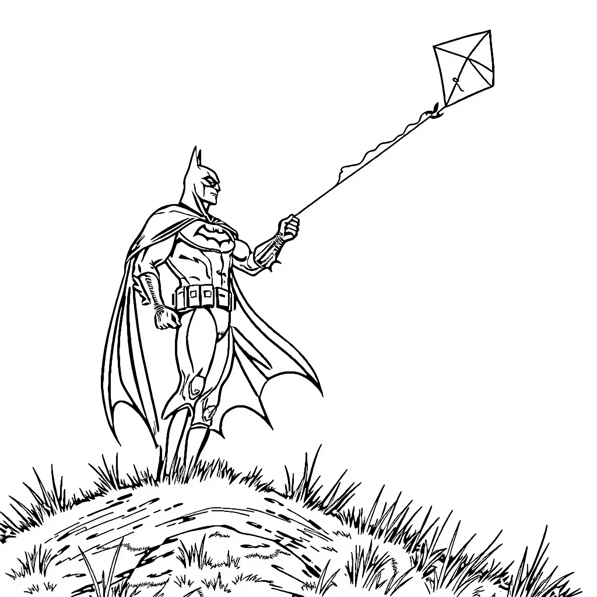 Batman flying a kite in the countryside Coloring Page (free black-and-white line drawing printable PDF for all, from beginners to advanced learners, including children, teens, adults, and seniors)
