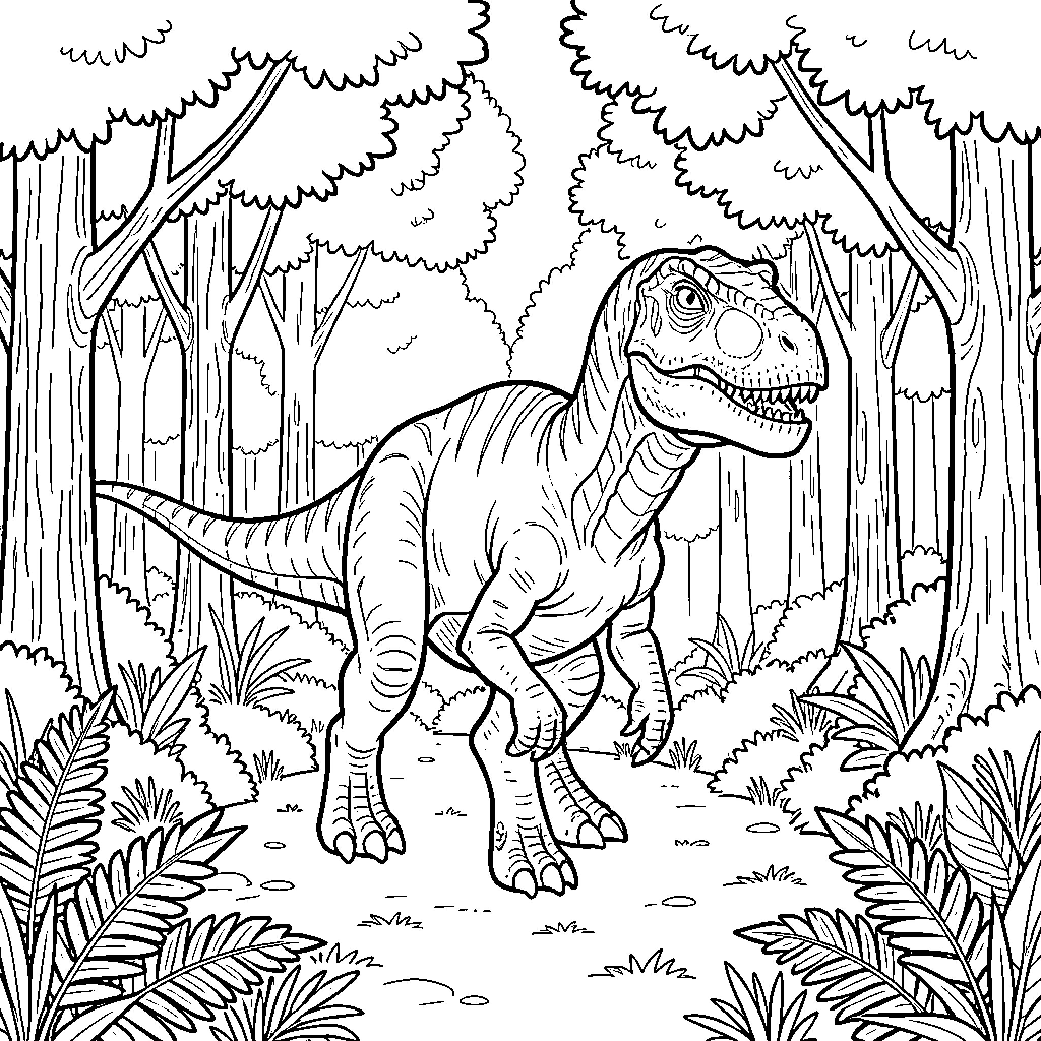 Dinosaur exploring the lush forest Coloring Page (free black-and-white line drawing printable PDF for all, from beginners to advanced learners, including children, teens, adults, and seniors)