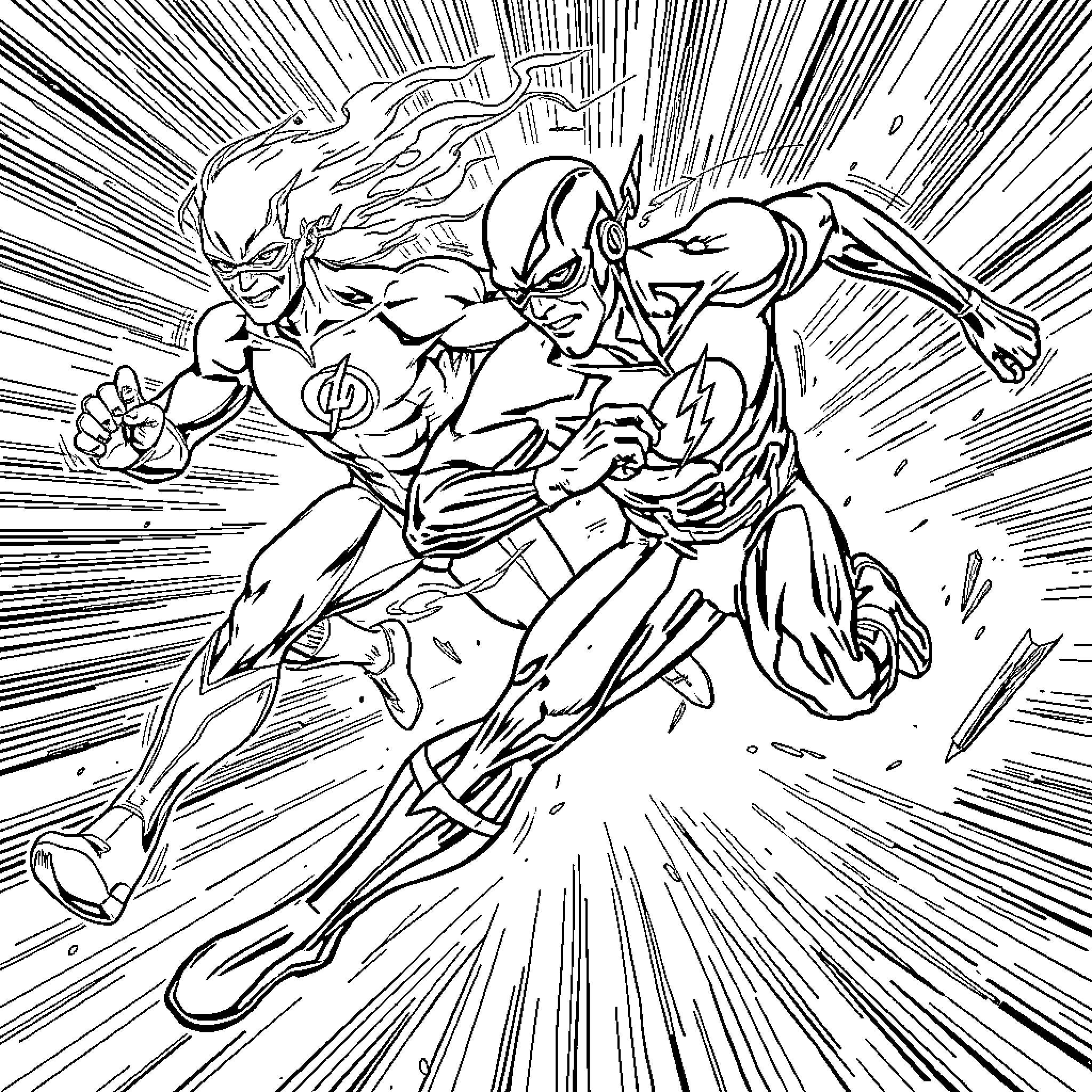 Flash Heroes Clash in Epic Battle Coloring Page (free black-and-white line drawing printable PDF for all, from beginners to advanced learners, including children, teens, adults, and seniors)