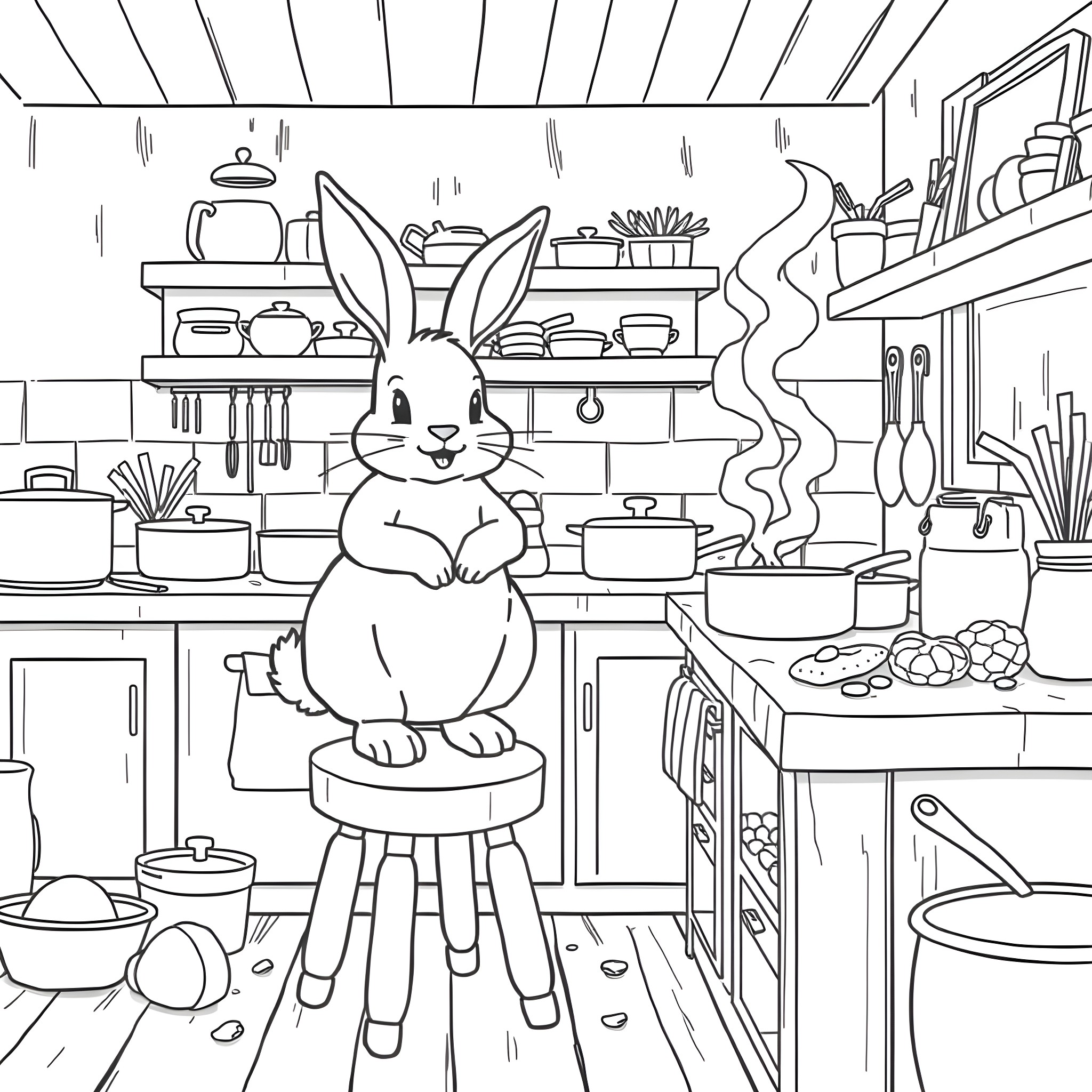 Bunny cooking in a cozy kitchen Coloring Page (free black-and-white line drawing printable PDF for all, from beginners to advanced learners, including children, teens, adults, and seniors)