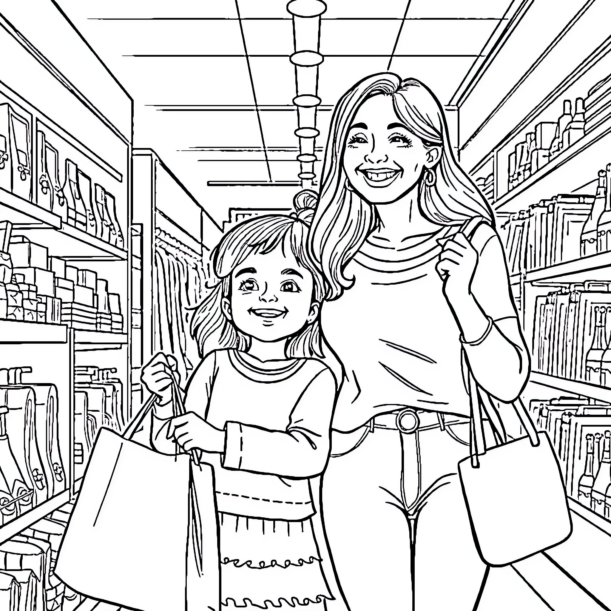 Mom and Daughter Shopping Together in Store Coloring Page (free black-and-white line drawing printable PDF for all, from beginners to advanced learners, including children, teens, adults, and seniors)