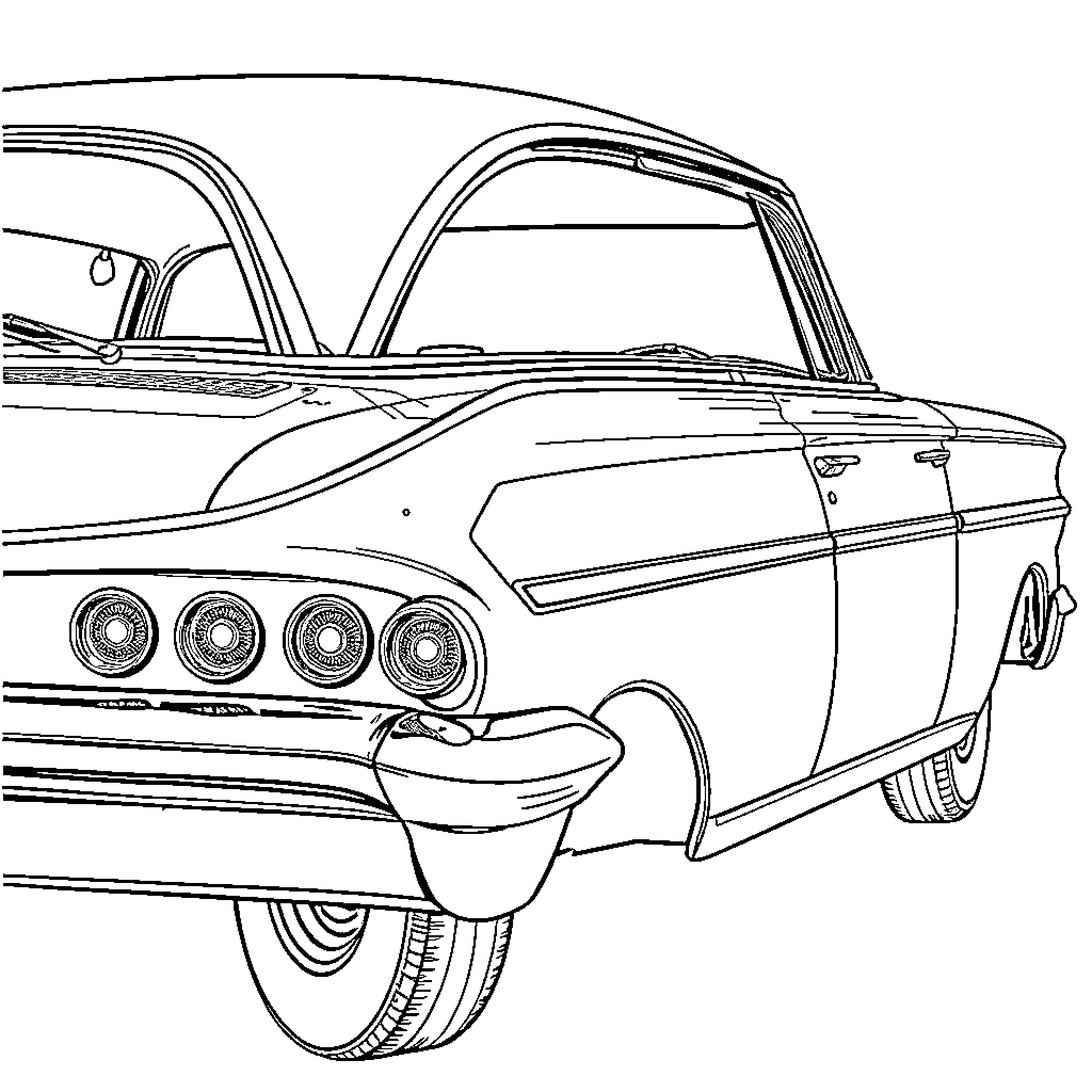 Impala retro car with distinct rear styling Coloring Page (free black-and-white line drawing printable PDF for all, from beginners to advanced learners, including children, teens, adults, and seniors)