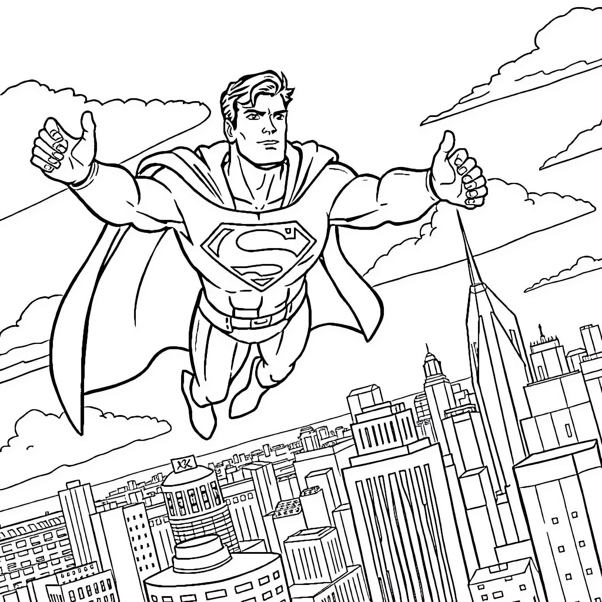 Superman soaring over the city skyline Coloring Page (free black-and-white line drawing printable PDF for all, from beginners to advanced learners, including children, teens, adults, and seniors)