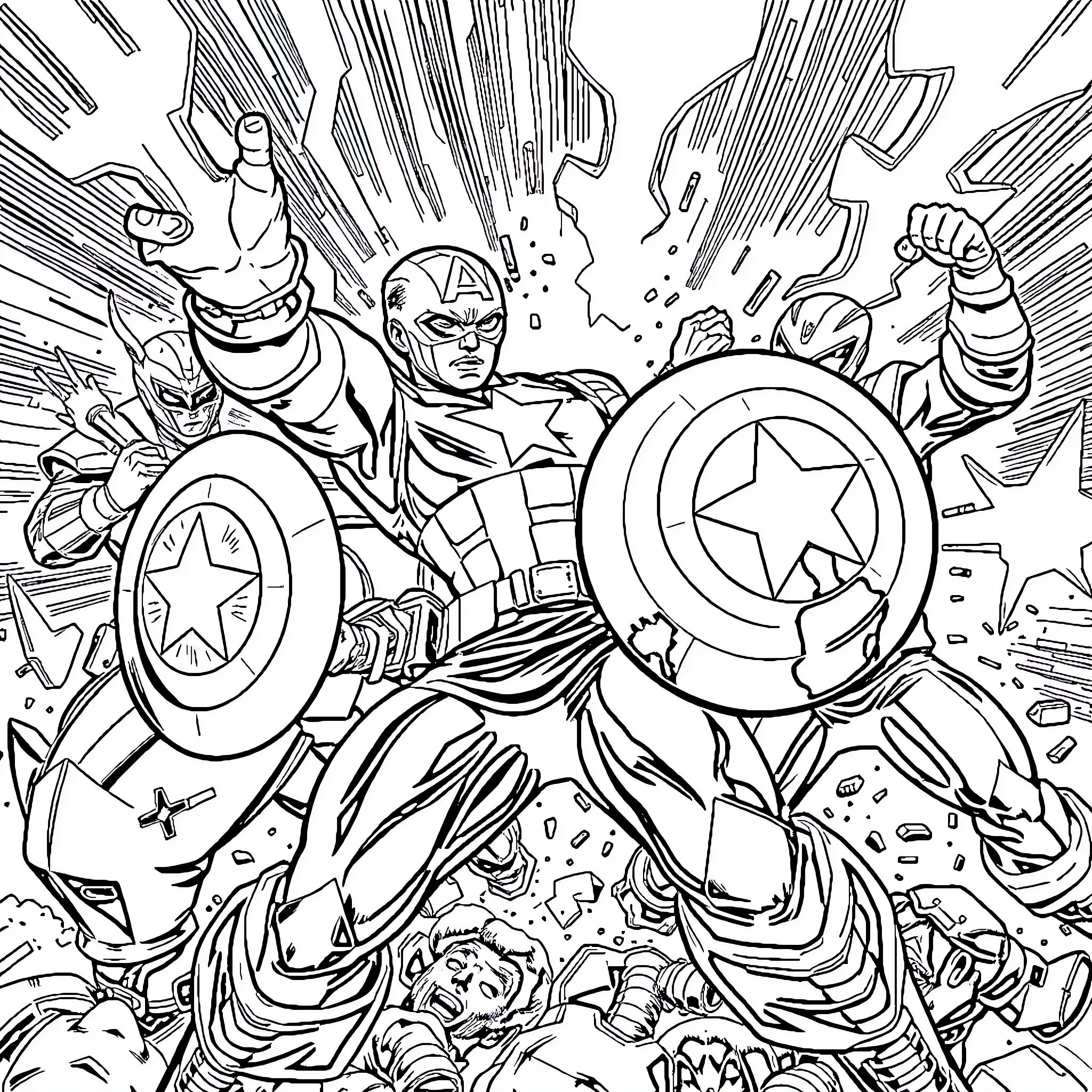 Captain America in Heroic Clash with Enemies Coloring Page (free black-and-white line drawing printable PDF for all, from beginners to advanced learners, including children, teens, adults, and seniors)