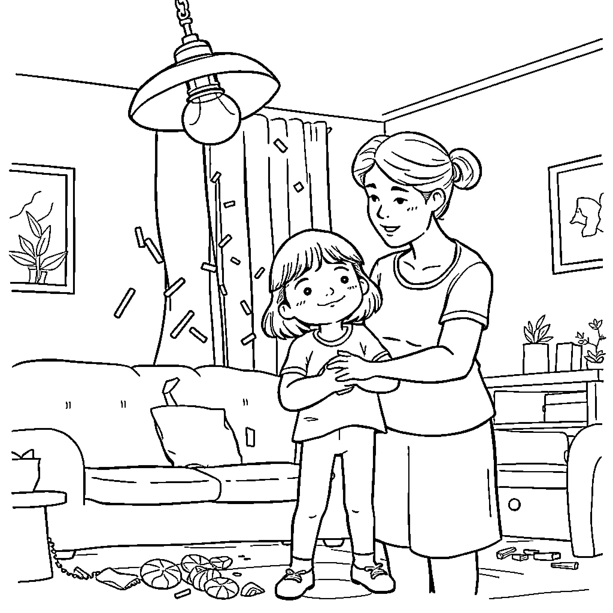 Child and Caregiver Share Affectionate Moment at Home Coloring Page (free black-and-white line drawing printable PDF for all, from beginners to advanced learners, including children, teens, adults, and seniors)