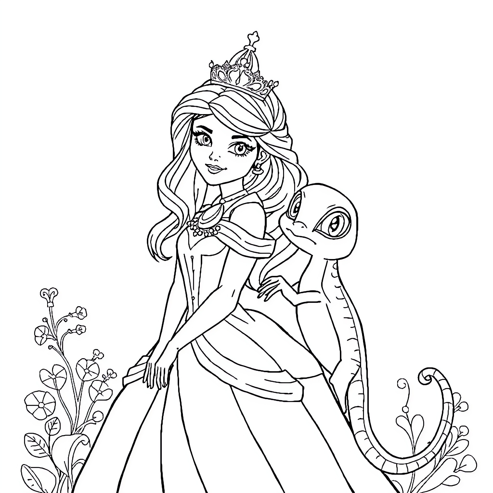 Princess in Elegant Dress and Tiara with Companion Coloring Page (free black-and-white line drawing printable PDF for all, from beginners to advanced learners, including children, teens, adults, and seniors)