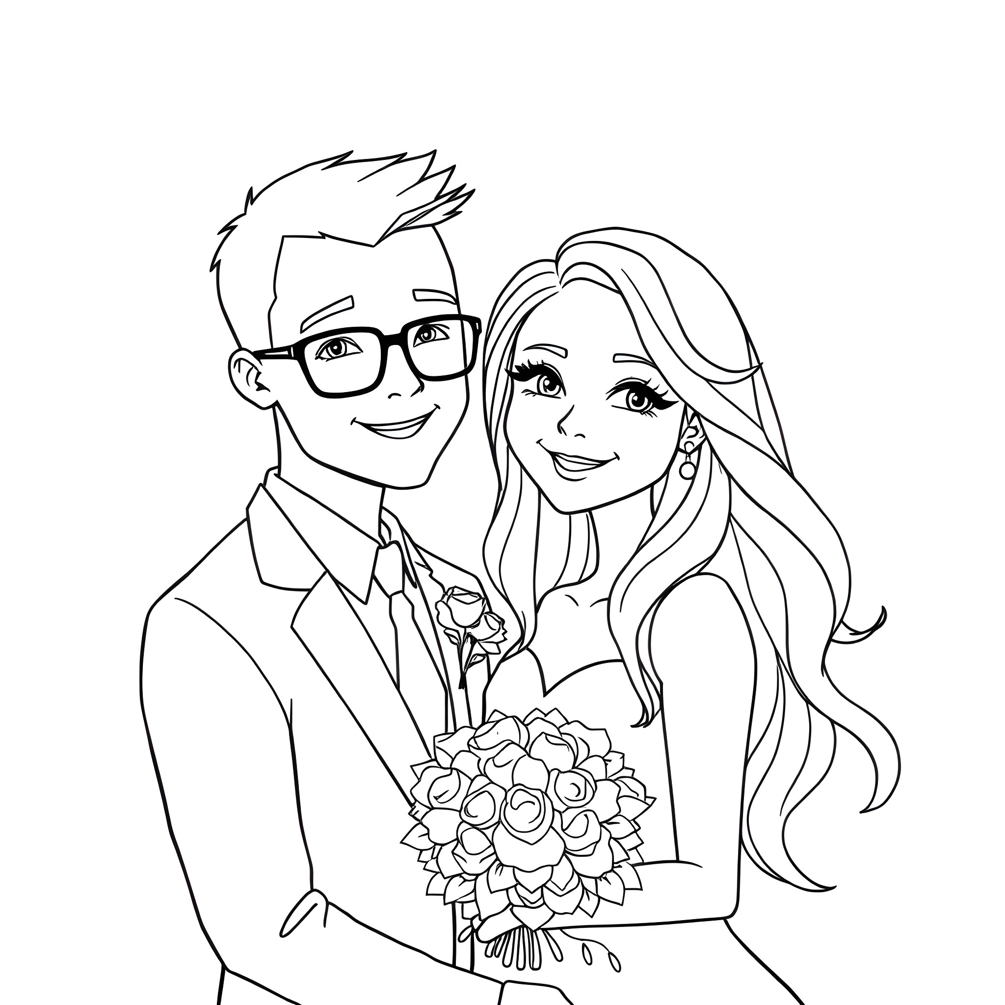 Couple celebrating their wedding day Coloring Page (free black-and-white line drawing printable PDF for all, from beginners to advanced learners, including children, teens, adults, and seniors)