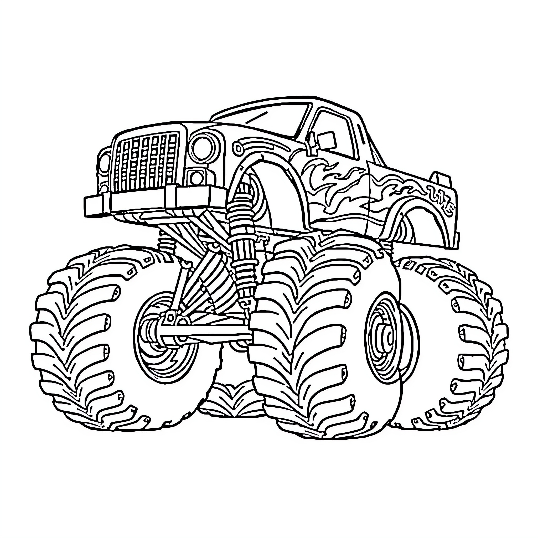 Monster Truck Crushing the Ground Coloring Page (free black-and-white line drawing printable PDF for all, from beginners to advanced learners, including children, teens, adults, and seniors)