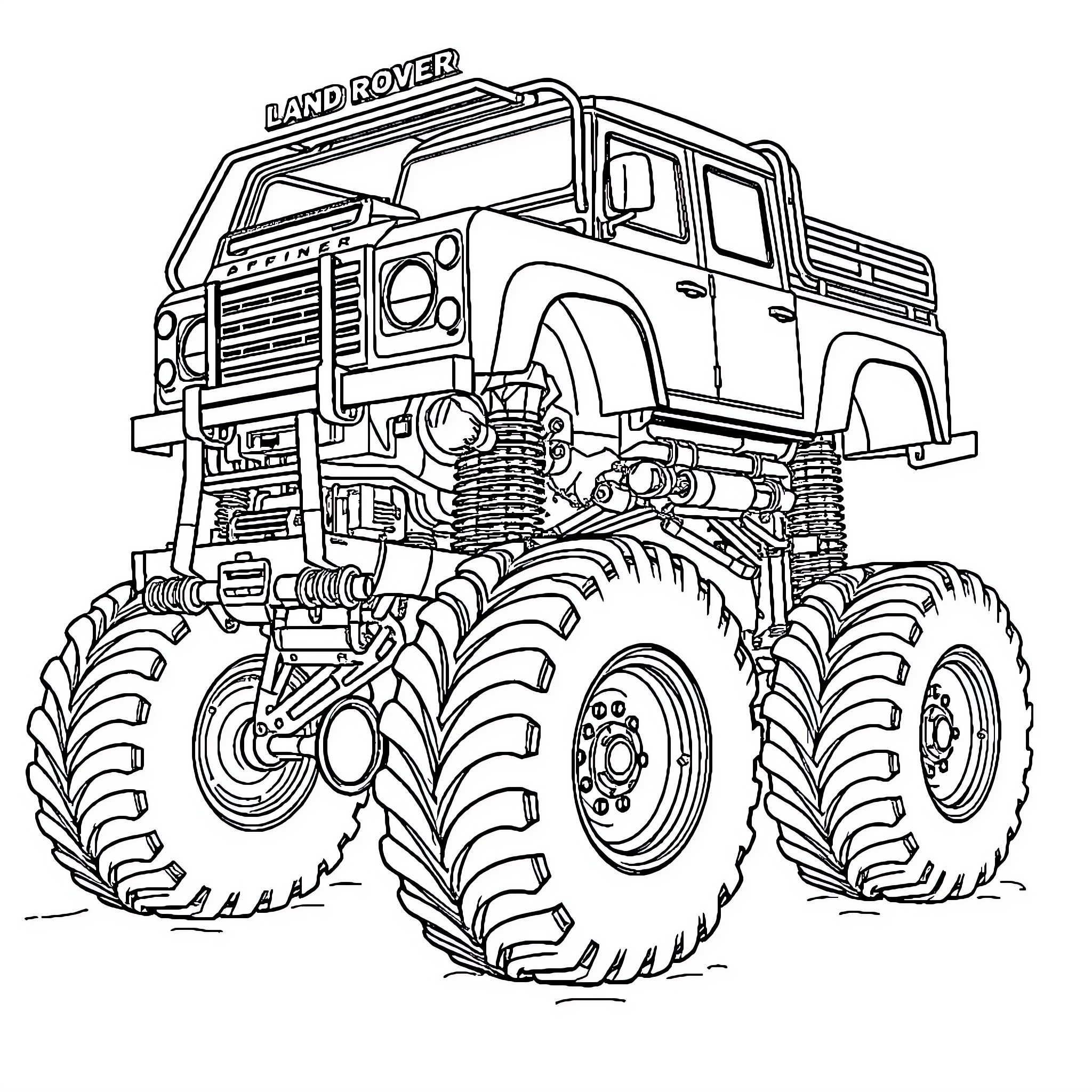 Land Rover Monster Truck with Massive Tires Coloring Page (free black-and-white line drawing printable PDF for all, from beginners to advanced learners, including children, teens, adults, and seniors)