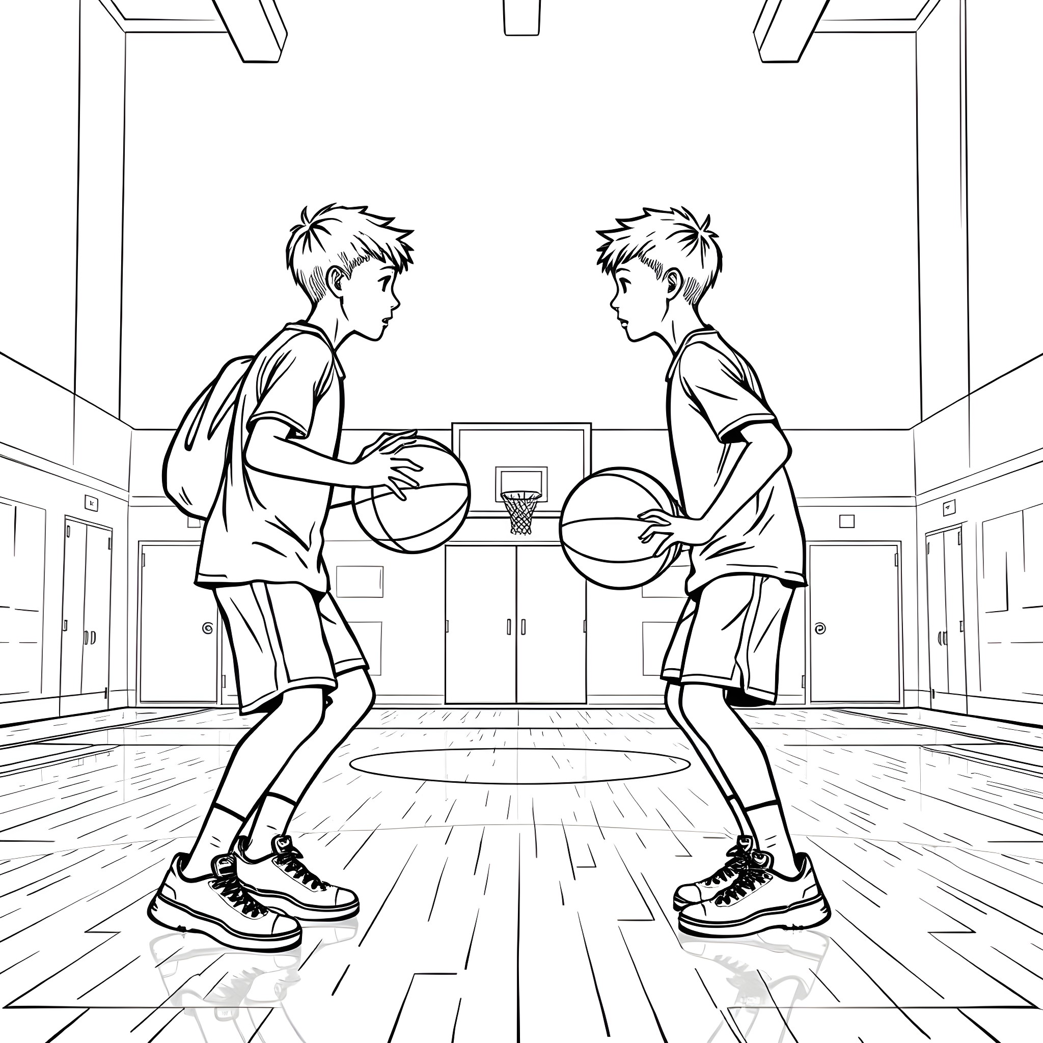 Teen Guys Playing Basketball Indoors Coloring Page (free black-and-white line drawing printable PDF for all, from beginners to advanced learners, including children, teens, adults, and seniors)