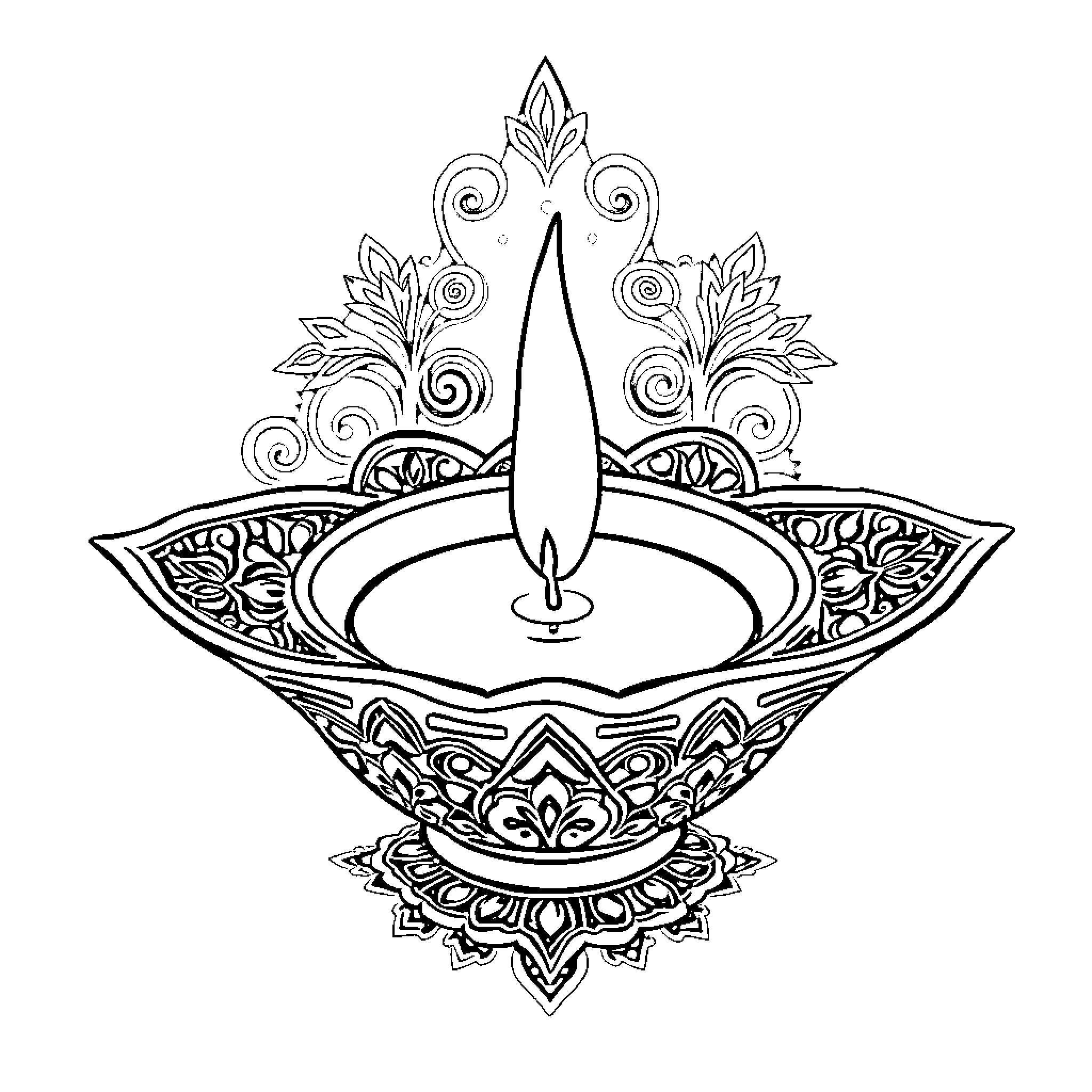 Diya with Intricate Floral Patterns Coloring Page (free black-and-white line drawing printable PDF for all, from beginners to advanced learners, including children, teens, adults, and seniors)