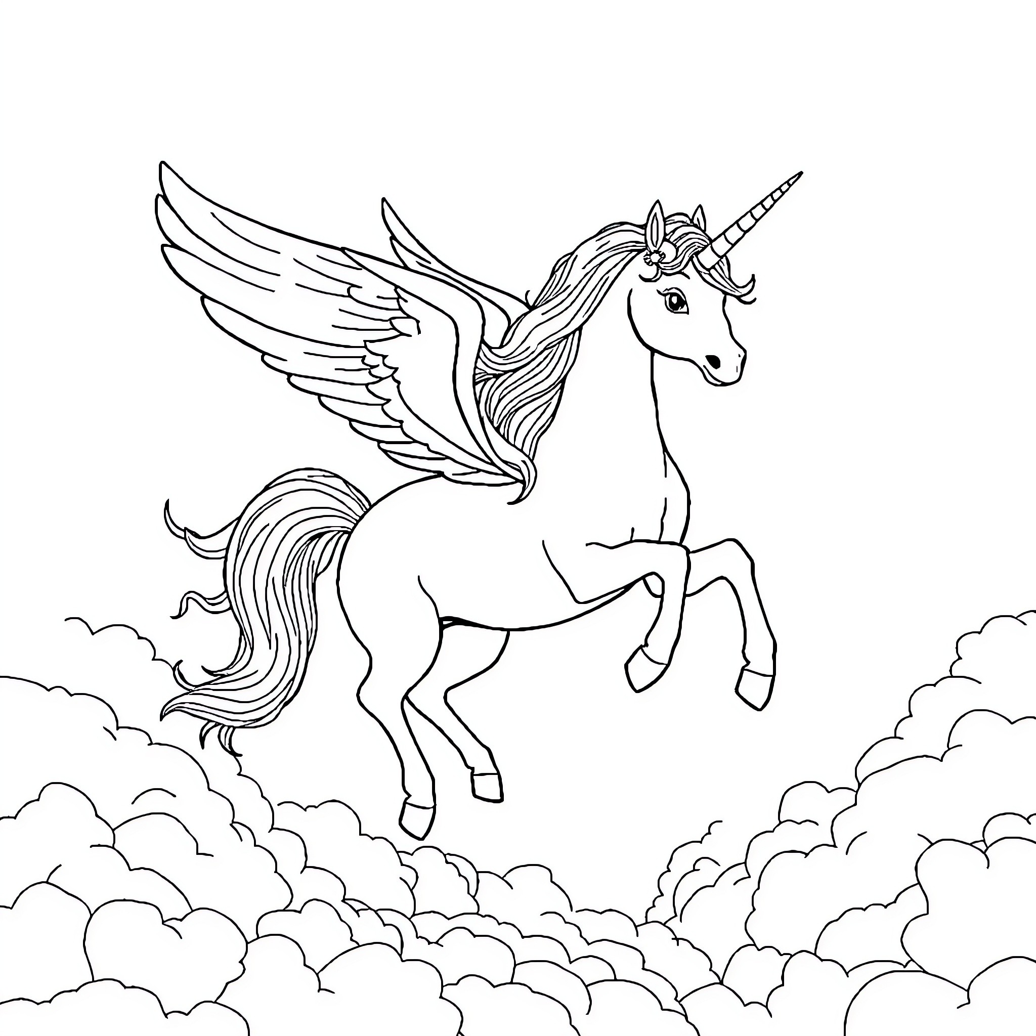 Unicorn soaring among the clouds Coloring Page (free black-and-white line drawing printable PDF for all, from beginners to advanced learners, including children, teens, adults, and seniors)