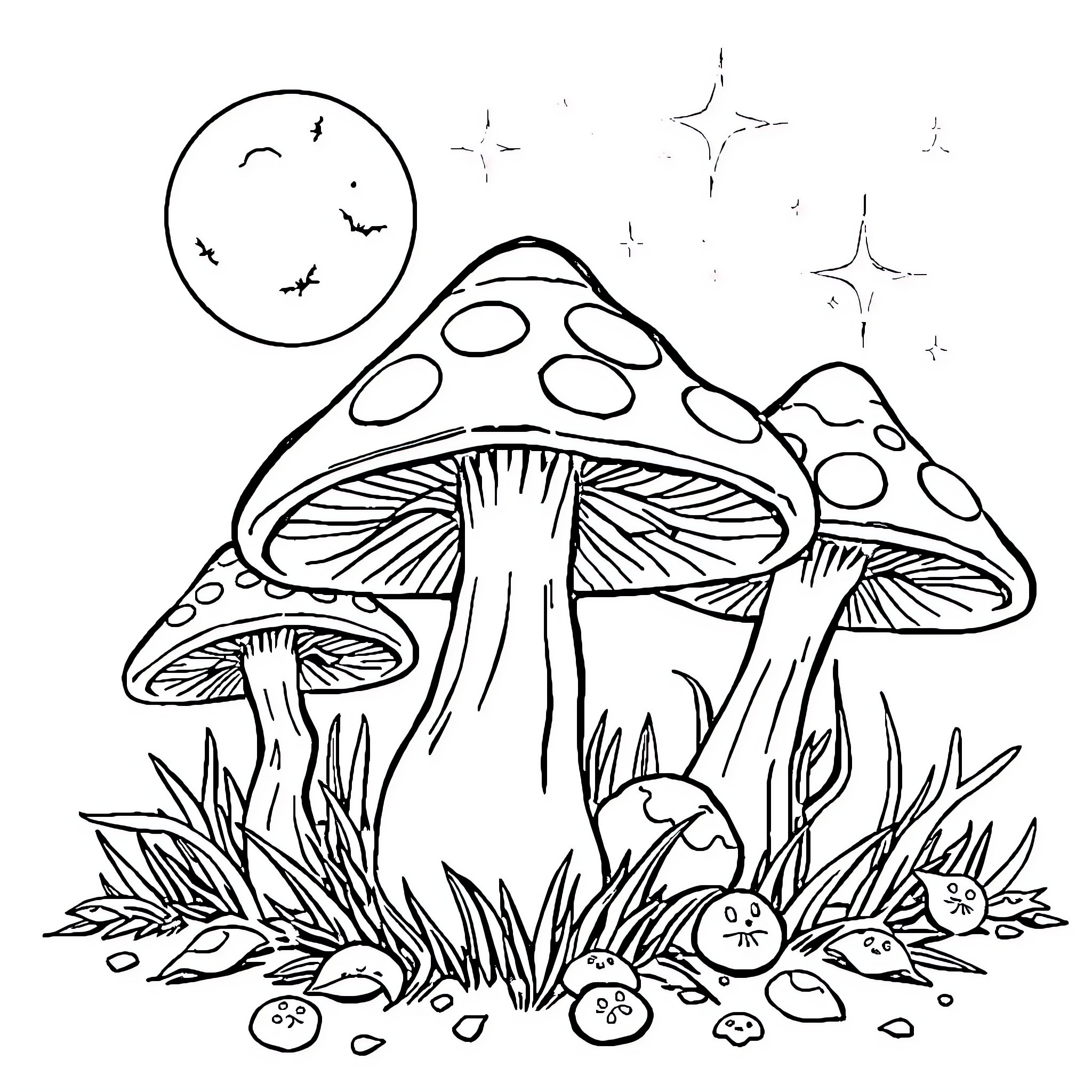 Mushroom Fairy Tale Scene with Crescent Moon Coloring Page (free black-and-white line drawing printable PDF for all, from beginners to advanced learners, including children, teens, adults, and seniors)