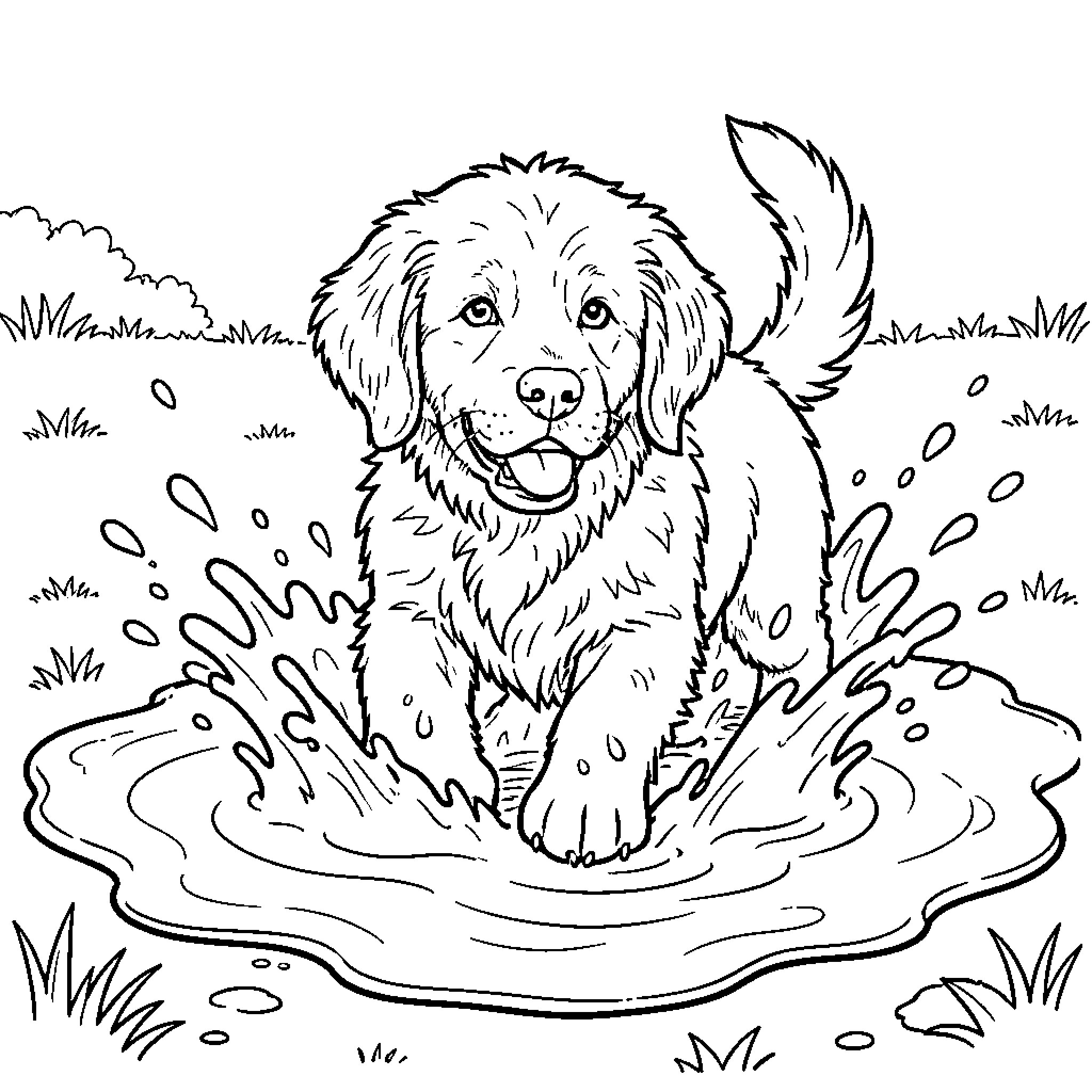 Newfoundland puppy playing in the puddle Coloring Page (free black-and-white line drawing printable PDF for all, from beginners to advanced learners, including children, teens, adults, and seniors)