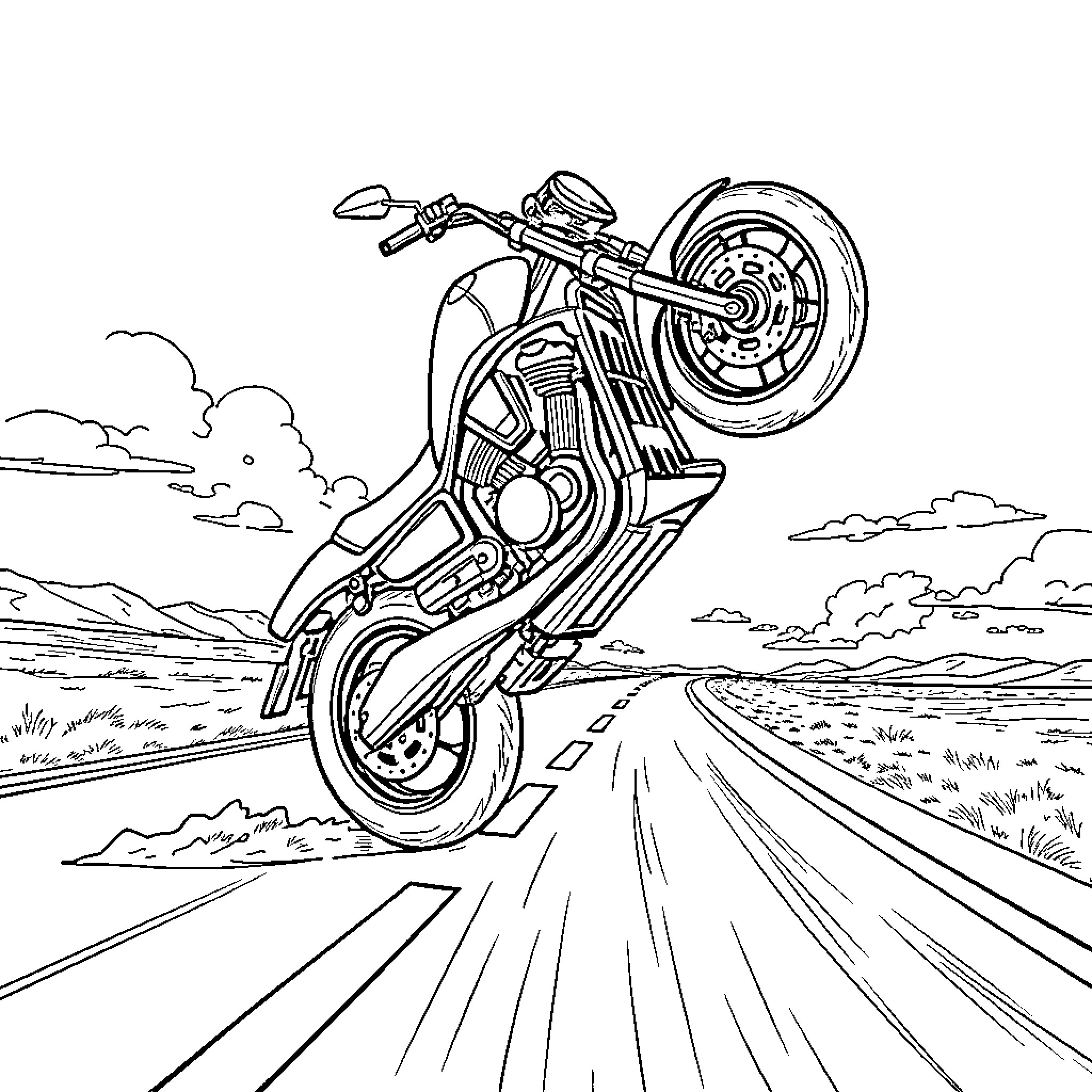 Harley racing along the open road Coloring Page (free black-and-white line drawing printable PDF for all, from beginners to advanced learners, including children, teens, adults, and seniors)