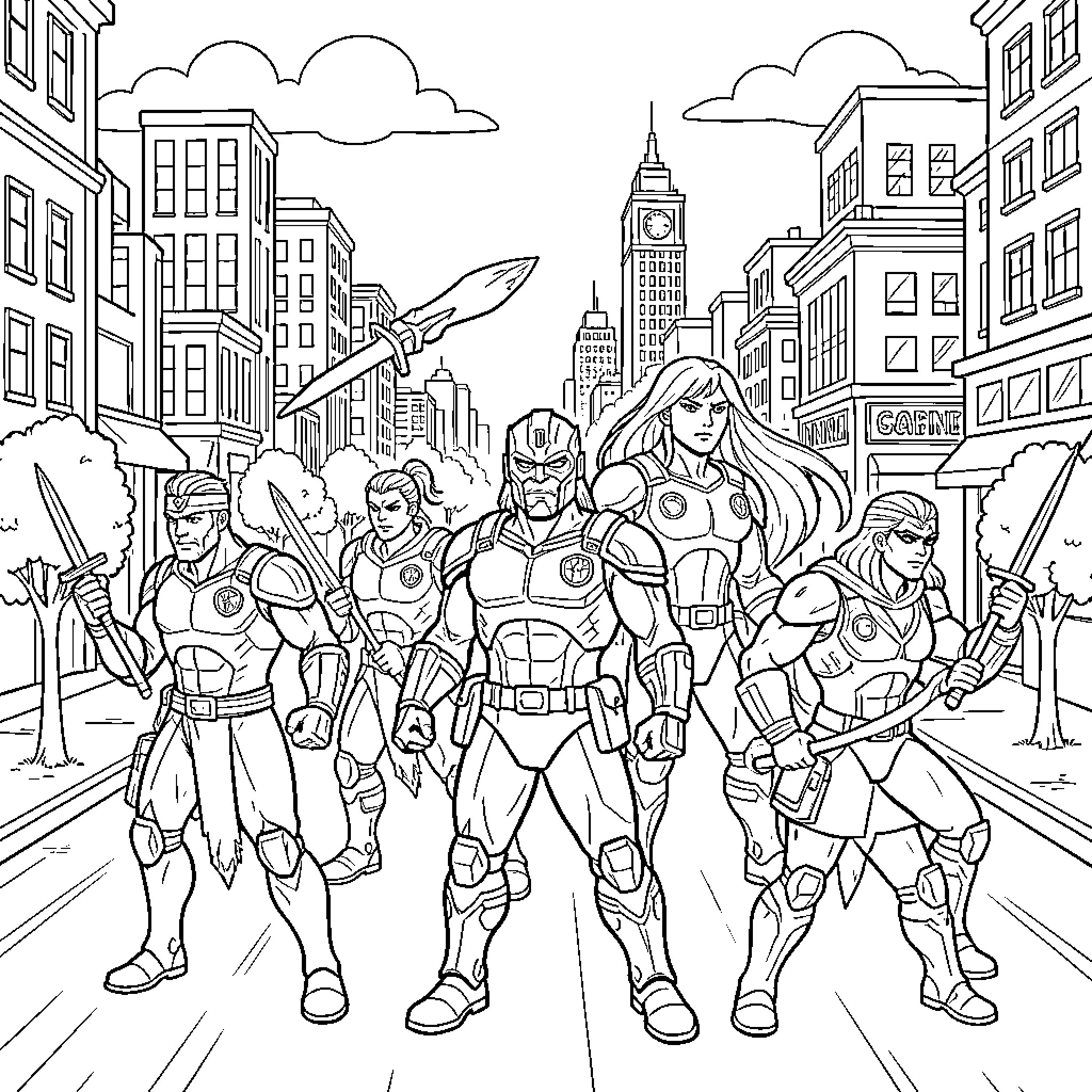 Paw Patrol heroes posing heroically in a city street Coloring Page (free black-and-white line drawing printable PDF for all, from beginners to advanced learners, including children, teens, adults, and seniors)