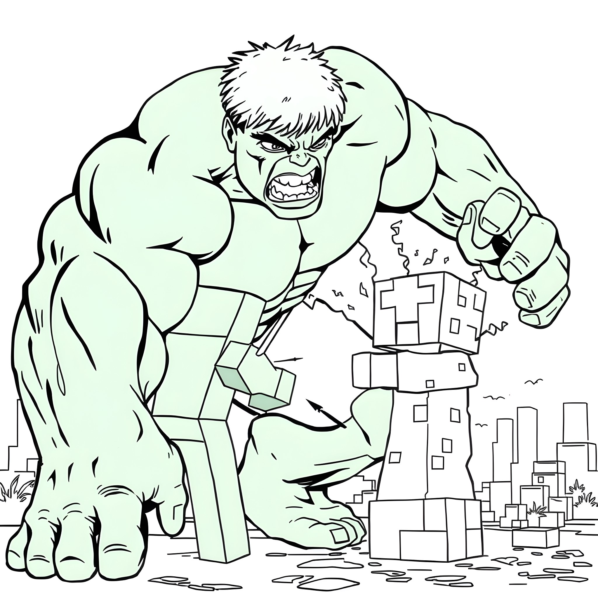 Hulk Rampaging Through City in Anger Coloring Page (free black-and-white line drawing printable PDF for all, from beginners to advanced learners, including children, teens, adults, and seniors)