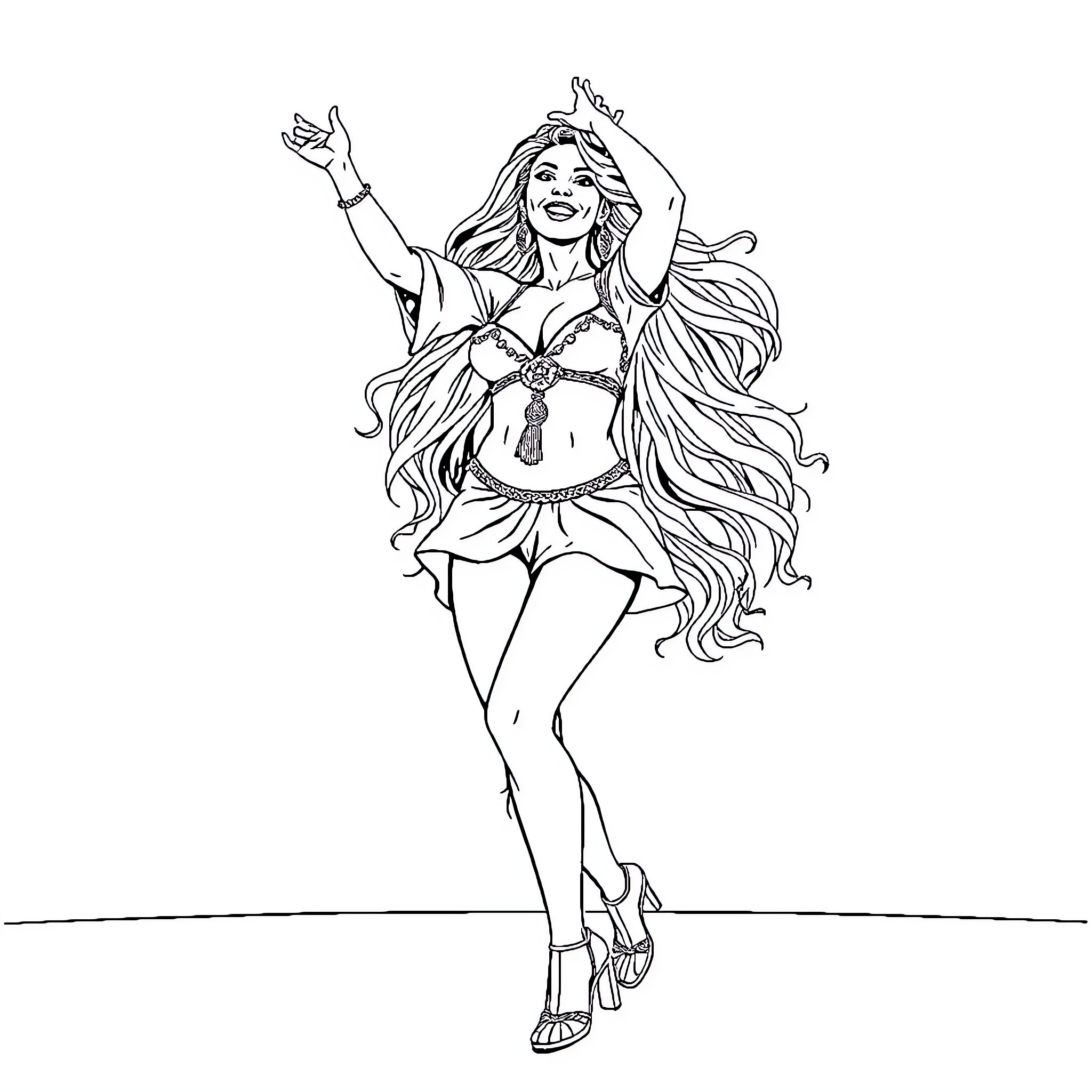Shakira performing with energy and enthusiasm Coloring Page (free black-and-white line drawing printable PDF for all, from beginners to advanced learners, including children, teens, adults, and seniors)