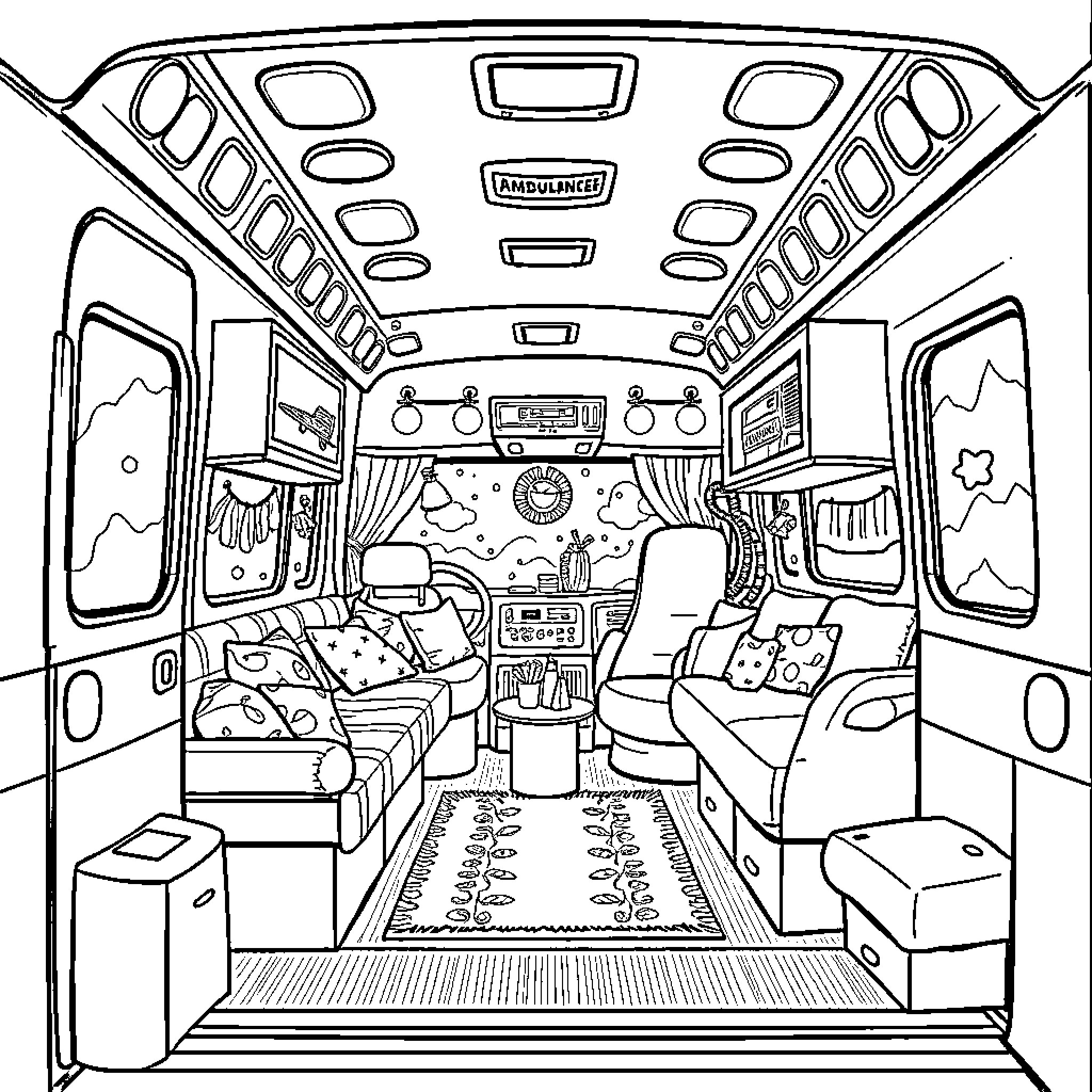 Ambulance interior with medical equipment and supplies Coloring Page (free black-and-white line drawing printable PDF for all, from beginners to advanced learners, including children, teens, adults, and seniors)