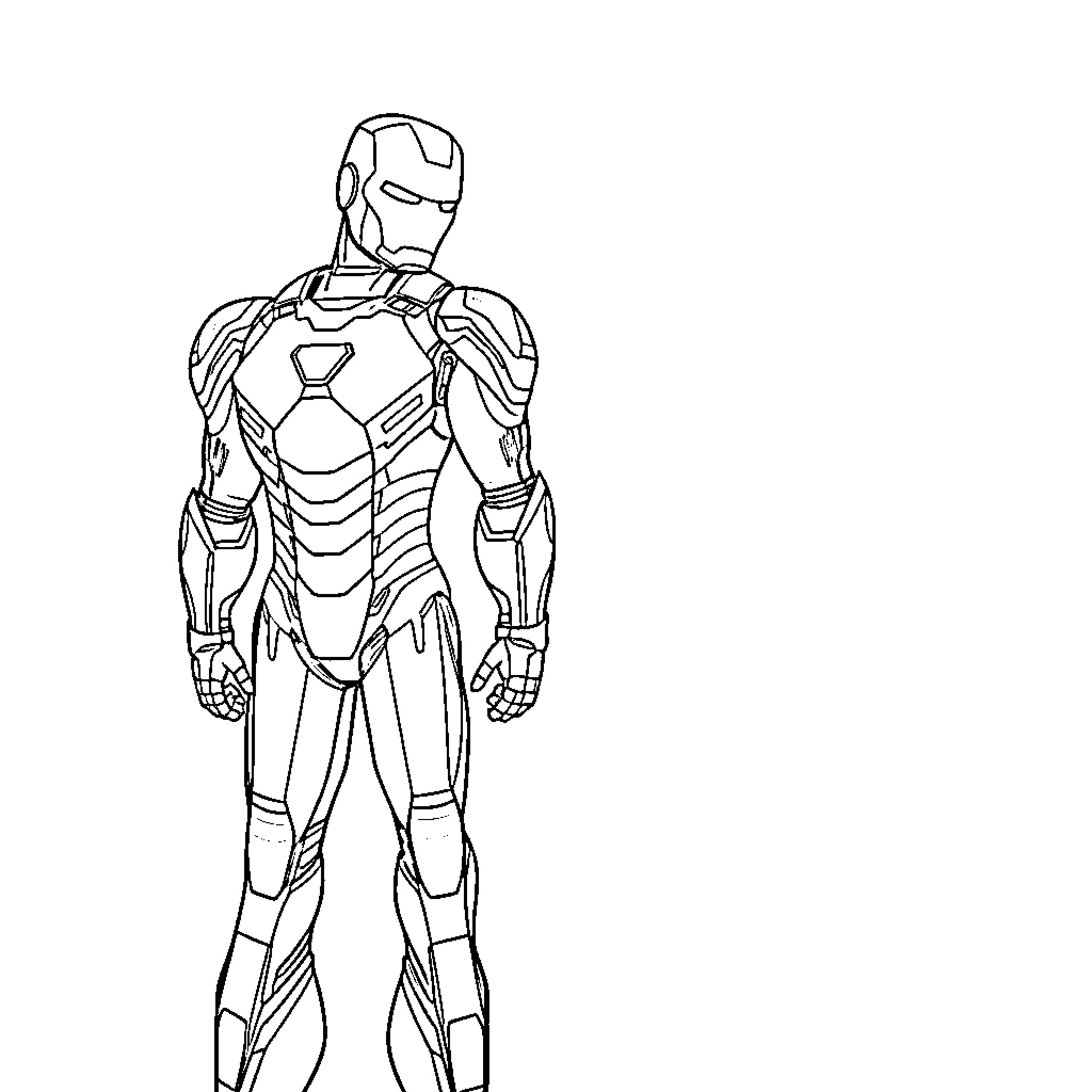 Iron Man in action pose with technological suit Coloring Page (free black-and-white line drawing printable PDF for all, from beginners to advanced learners, including children, teens, adults, and seniors)