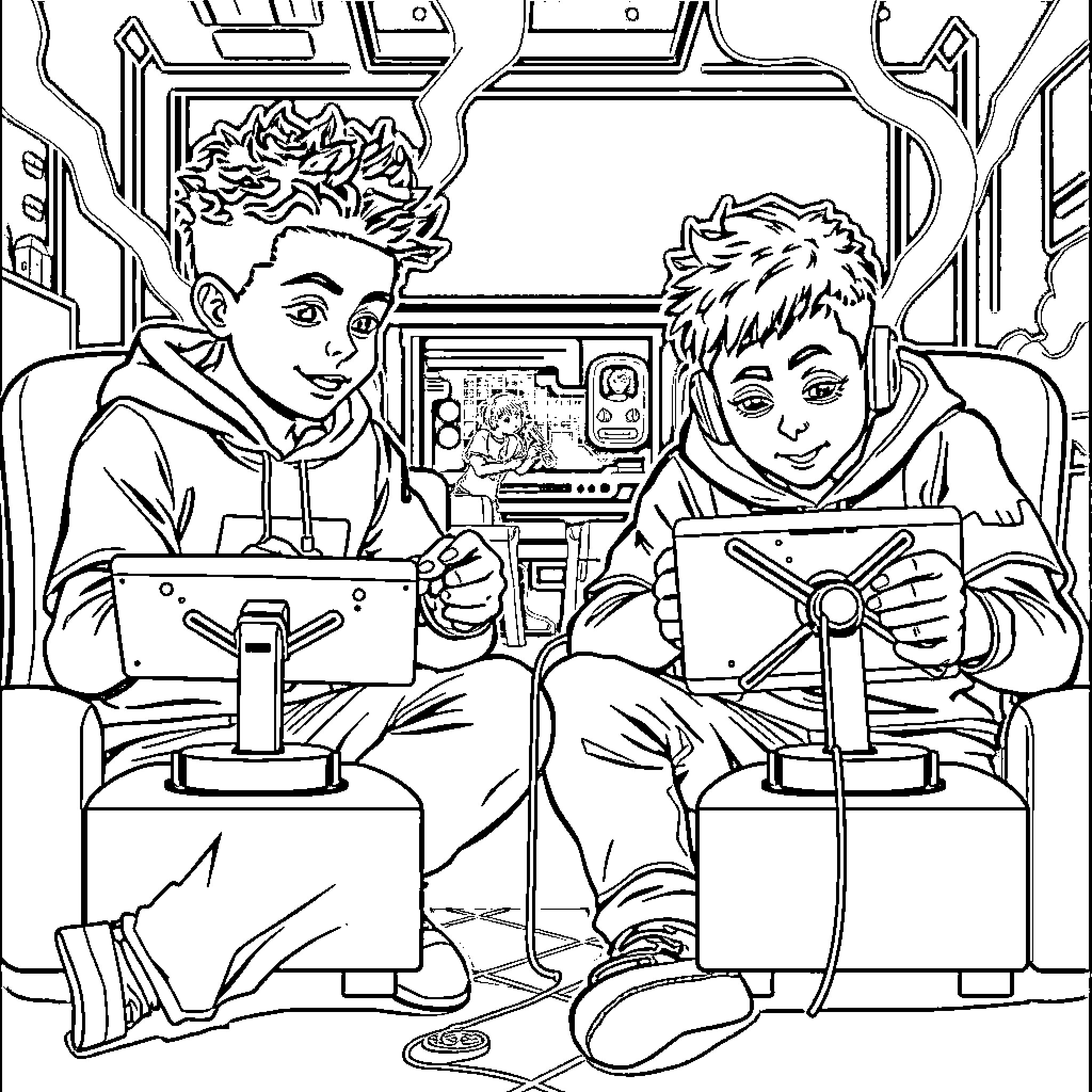Game of friends playing video games together Coloring Page (free black-and-white line drawing printable PDF for all, from beginners to advanced learners, including children, teens, adults, and seniors)