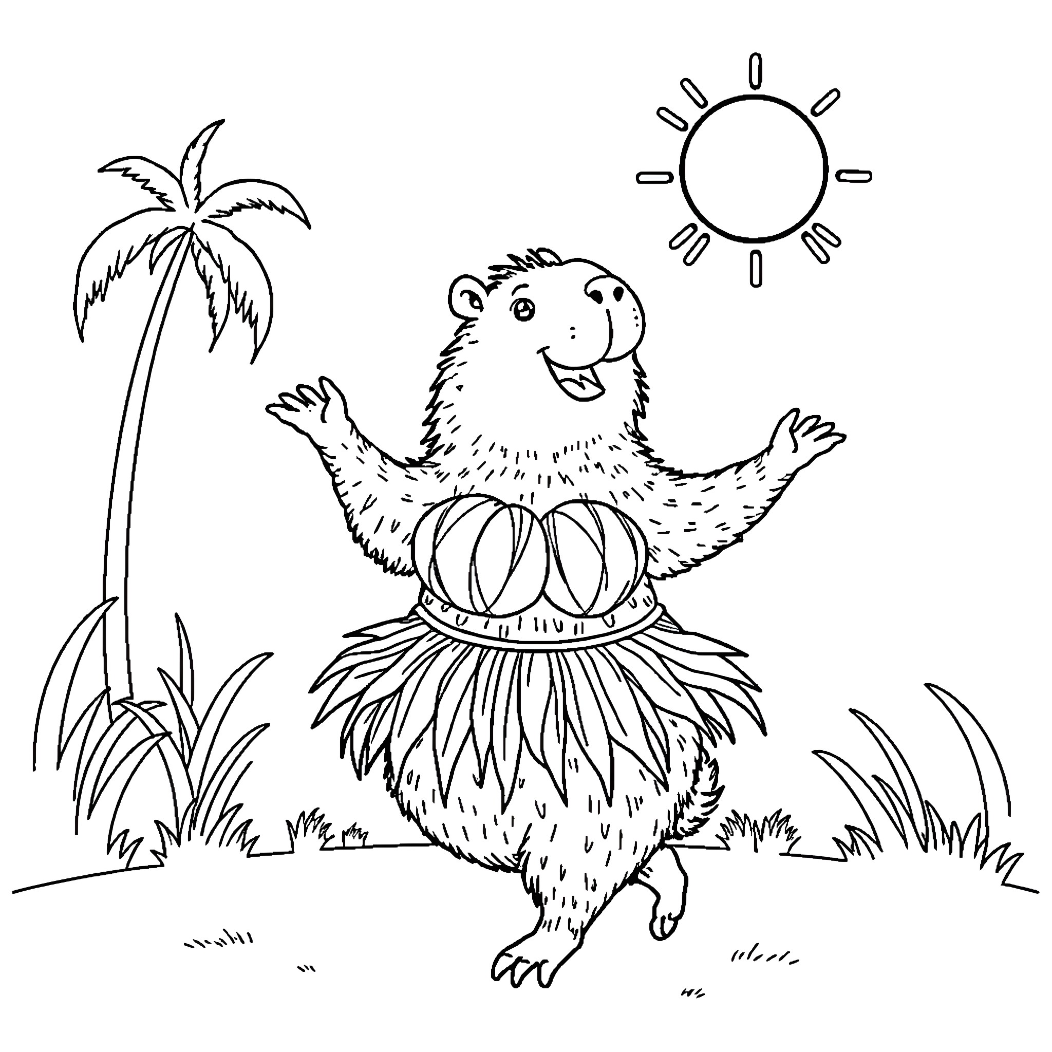 Capybara enjoying a sunny day in tropical setting Coloring Page (free black-and-white line drawing printable PDF for all, from beginners to advanced learners, including children, teens, adults, and seniors)