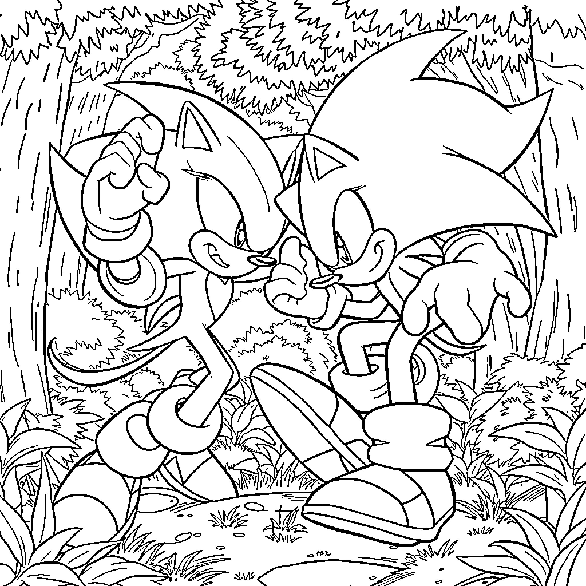 Sonic characters in a playful outdoor scene Coloring Page (free black-and-white line drawing printable PDF for all, from beginners to advanced learners, including children, teens, adults, and seniors)