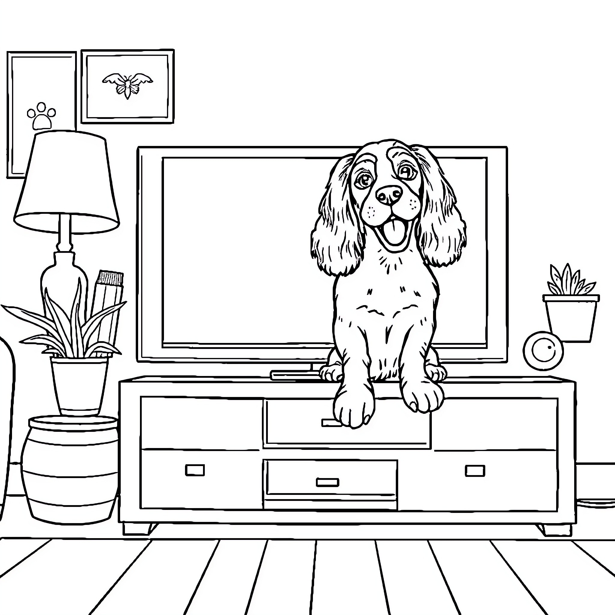 Cocker Spaniel enjoying the comfort of a living room Coloring Page (free black-and-white line drawing printable PDF for all, from beginners to advanced learners, including children, teens, adults, and seniors)