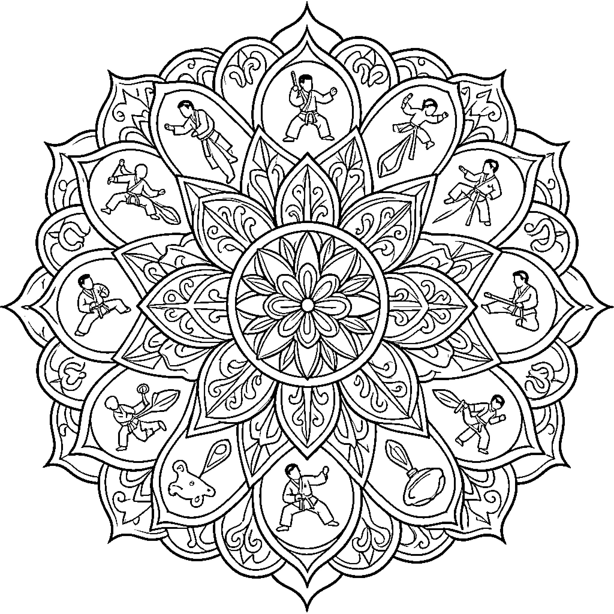 Karate practitioners performing various martial arts poses Coloring Page (free black-and-white line drawing printable PDF for all, from beginners to advanced learners, including children, teens, adults, and seniors)