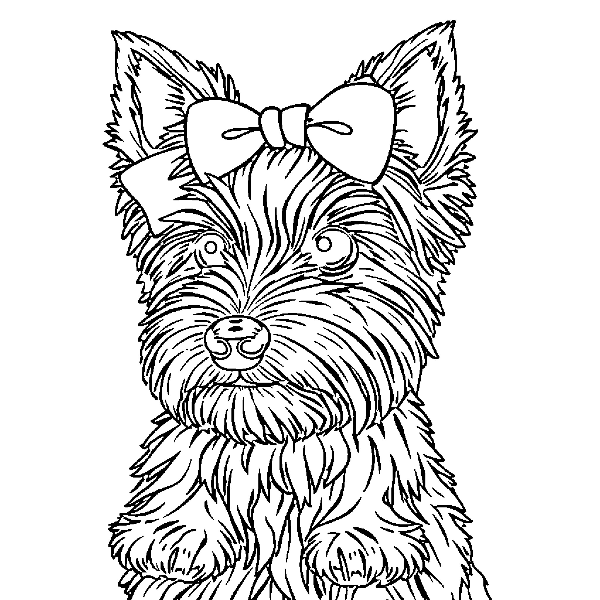 Yorkie with a Bow Sitting Attentively Coloring Page (free black-and-white line drawing printable PDF for all, from beginners to advanced learners, including children, teens, adults, and seniors)