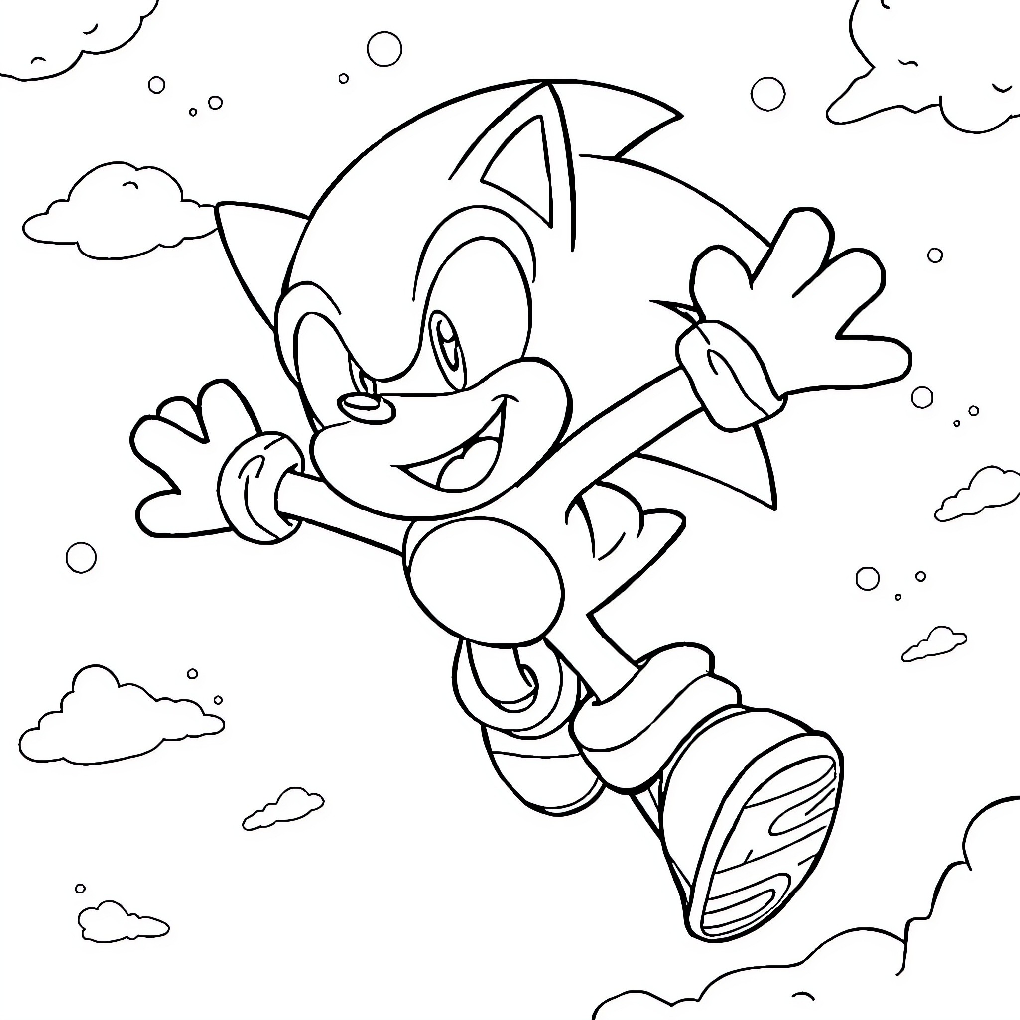 Sonic running cheerfully through the clouds Coloring Page (free black-and-white line drawing printable PDF for all, from beginners to advanced learners, including children, teens, adults, and seniors)