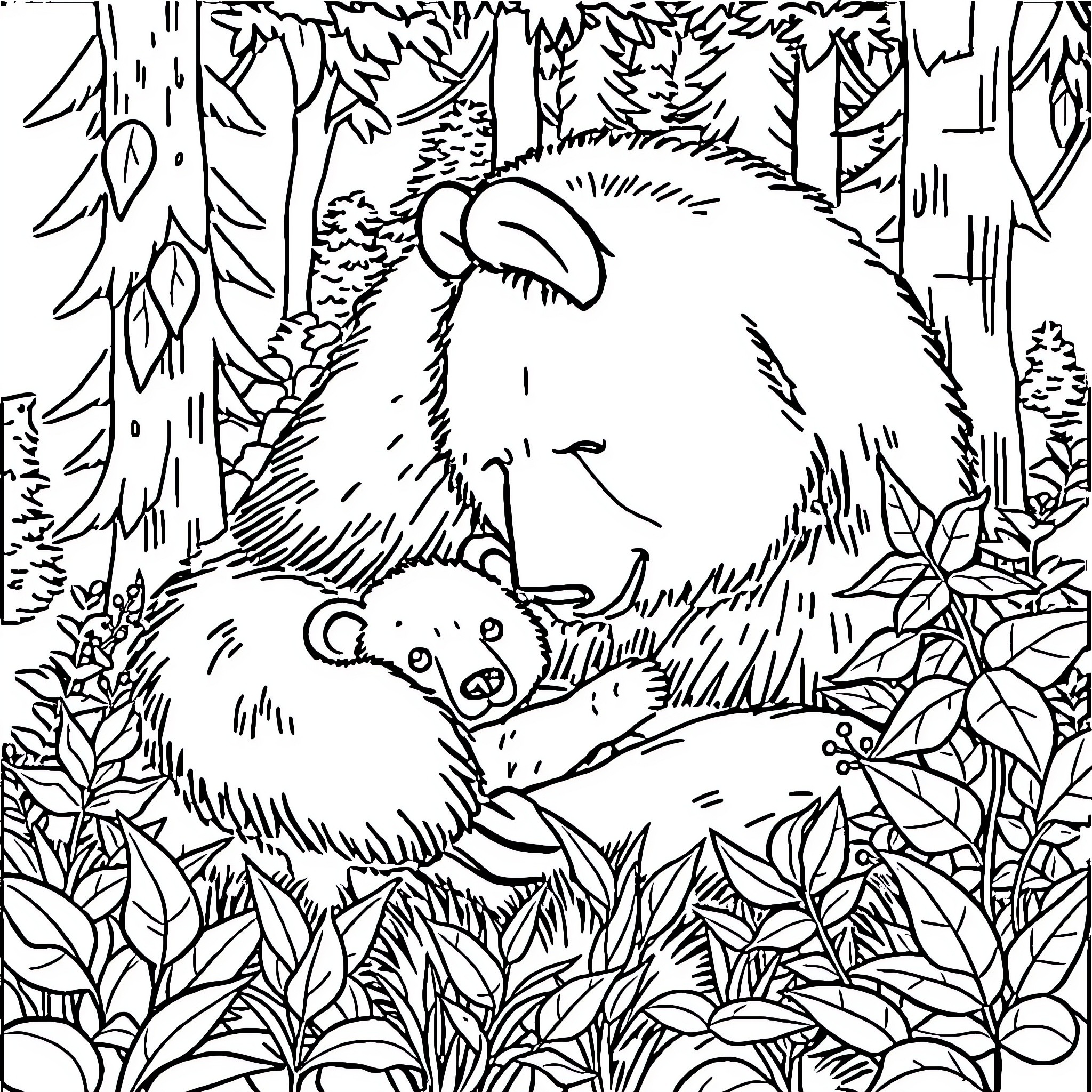Bear resting in the forest with cubs Coloring Page (free black-and-white line drawing printable PDF for all, from beginners to advanced learners, including children, teens, adults, and seniors)