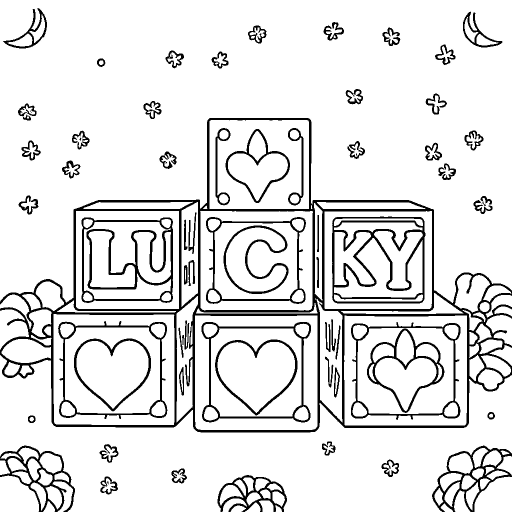 Lucky Block with Hearts and Flowers Coloring Page (free black-and-white line drawing printable PDF for all, from beginners to advanced learners, including children, teens, adults, and seniors)