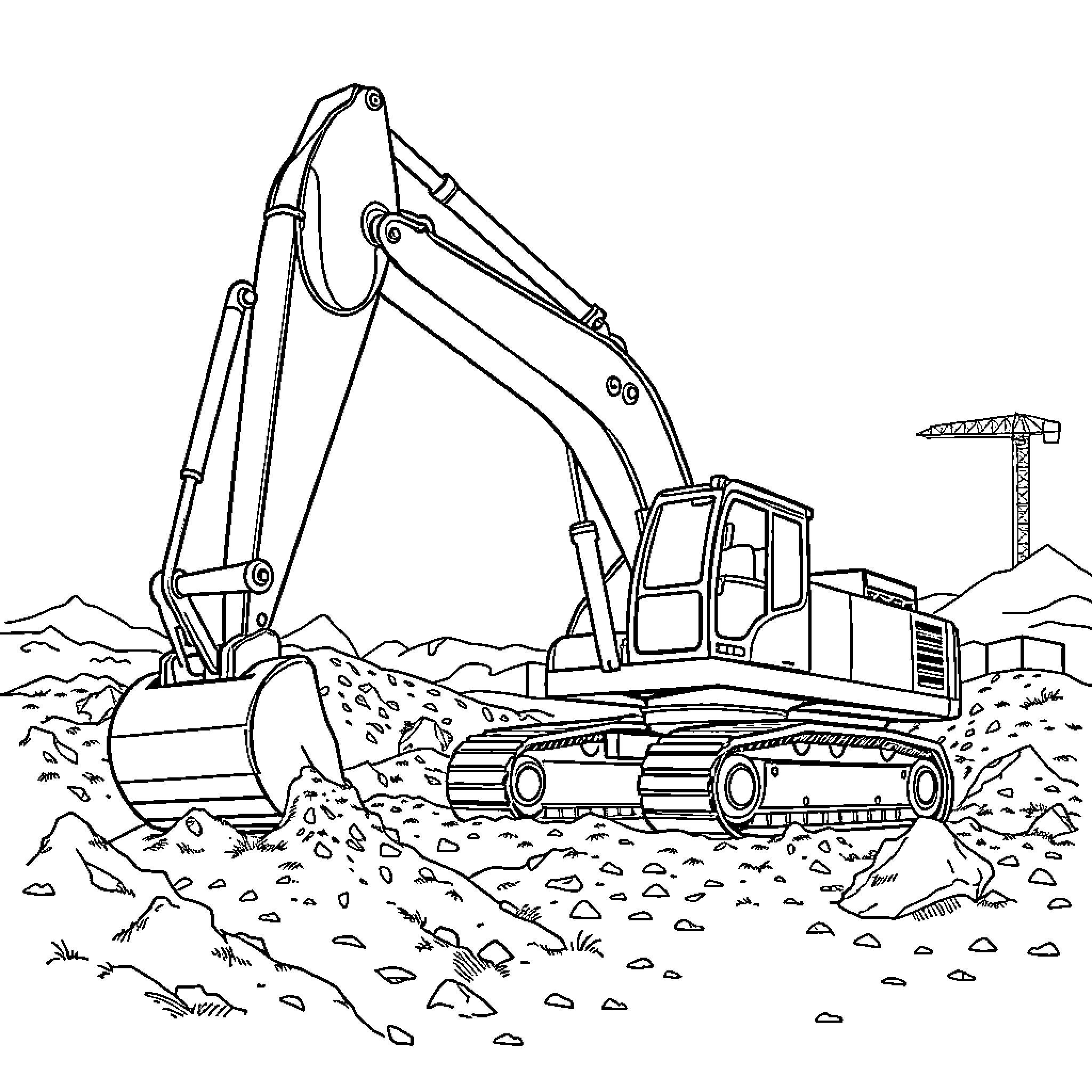Excavator digging and moving earth on construction site Coloring Page (free black-and-white line drawing printable PDF for all, from beginners to advanced learners, including children, teens, adults, and seniors)