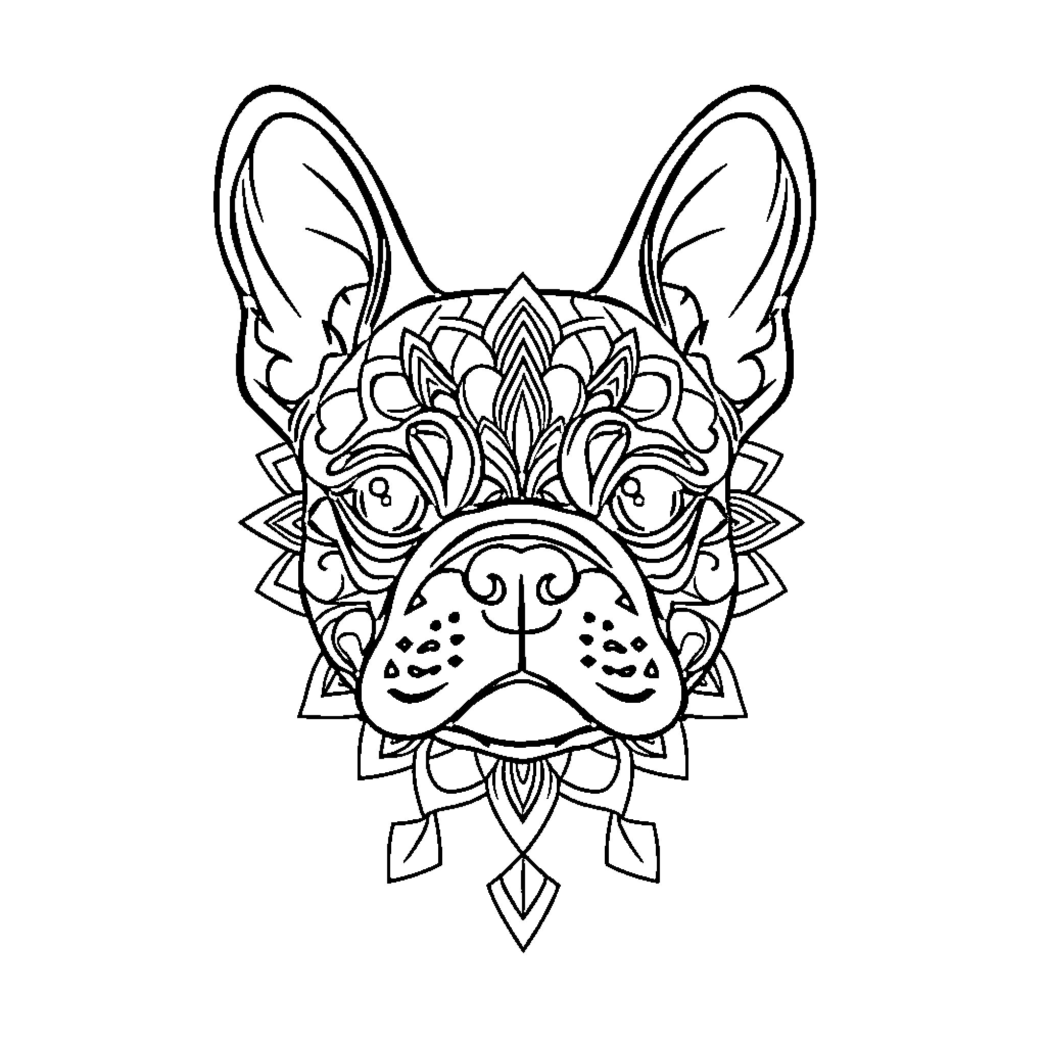 French Bulldog with Ornate Mandala Design Coloring Page (free black-and-white line drawing printable PDF for all, from beginners to advanced learners, including children, teens, adults, and seniors)